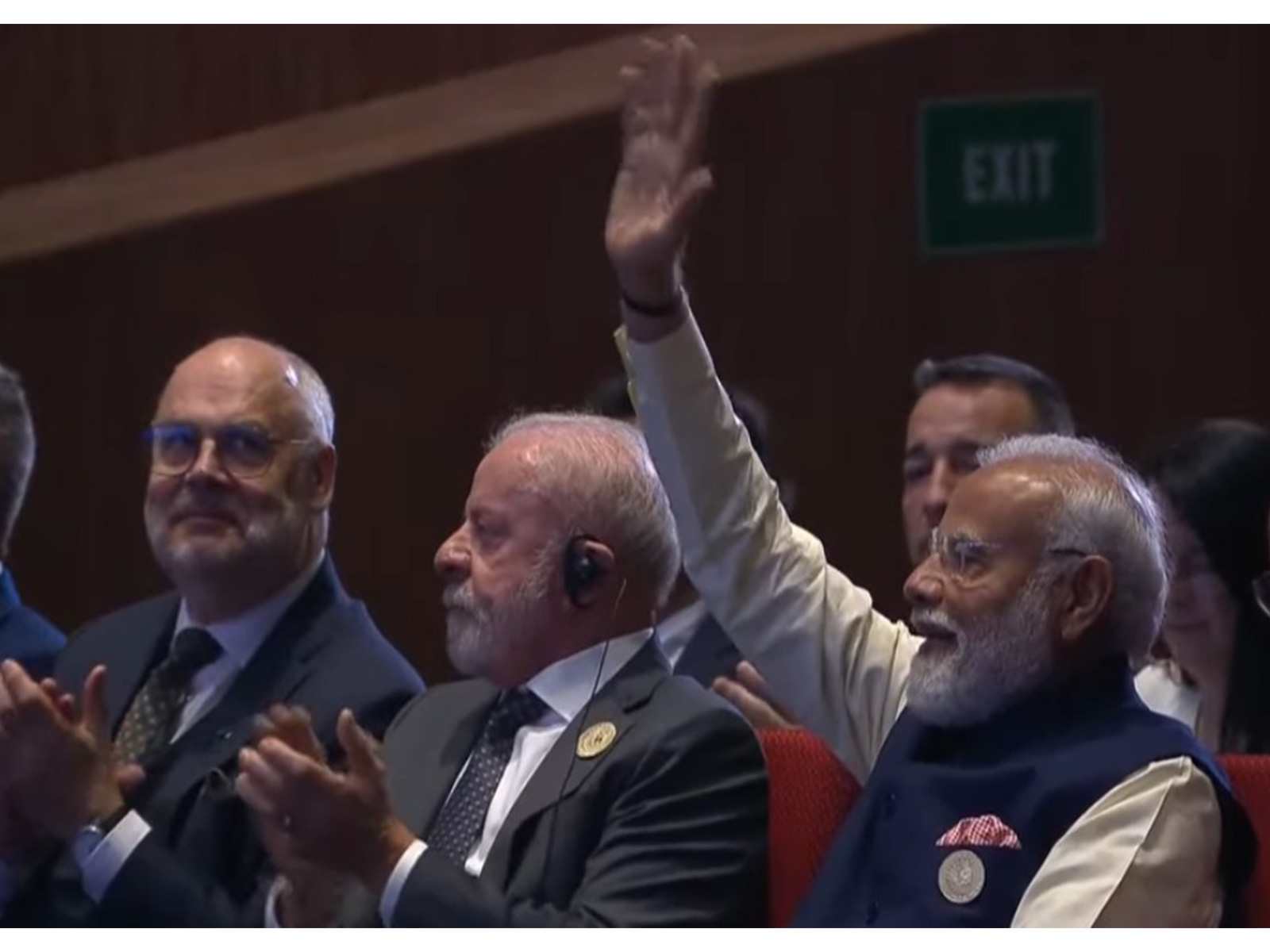 Prime Minister Narendra Modi shares a warm moment with Brazilian President Luiz Inacio Lula da Silva at Bharat Mandapam ahead of the keynote address at the India AI Impact Summit 2026 in New Delhi. (Photo: DD News)