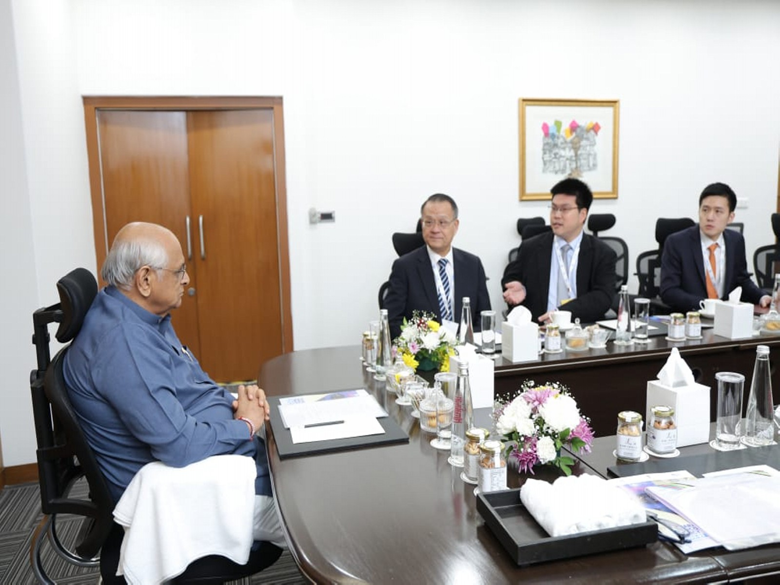Chief Minister Bhupendra Patel in one-to-one meetings with various industry leaders and investors (Photo/ANI)