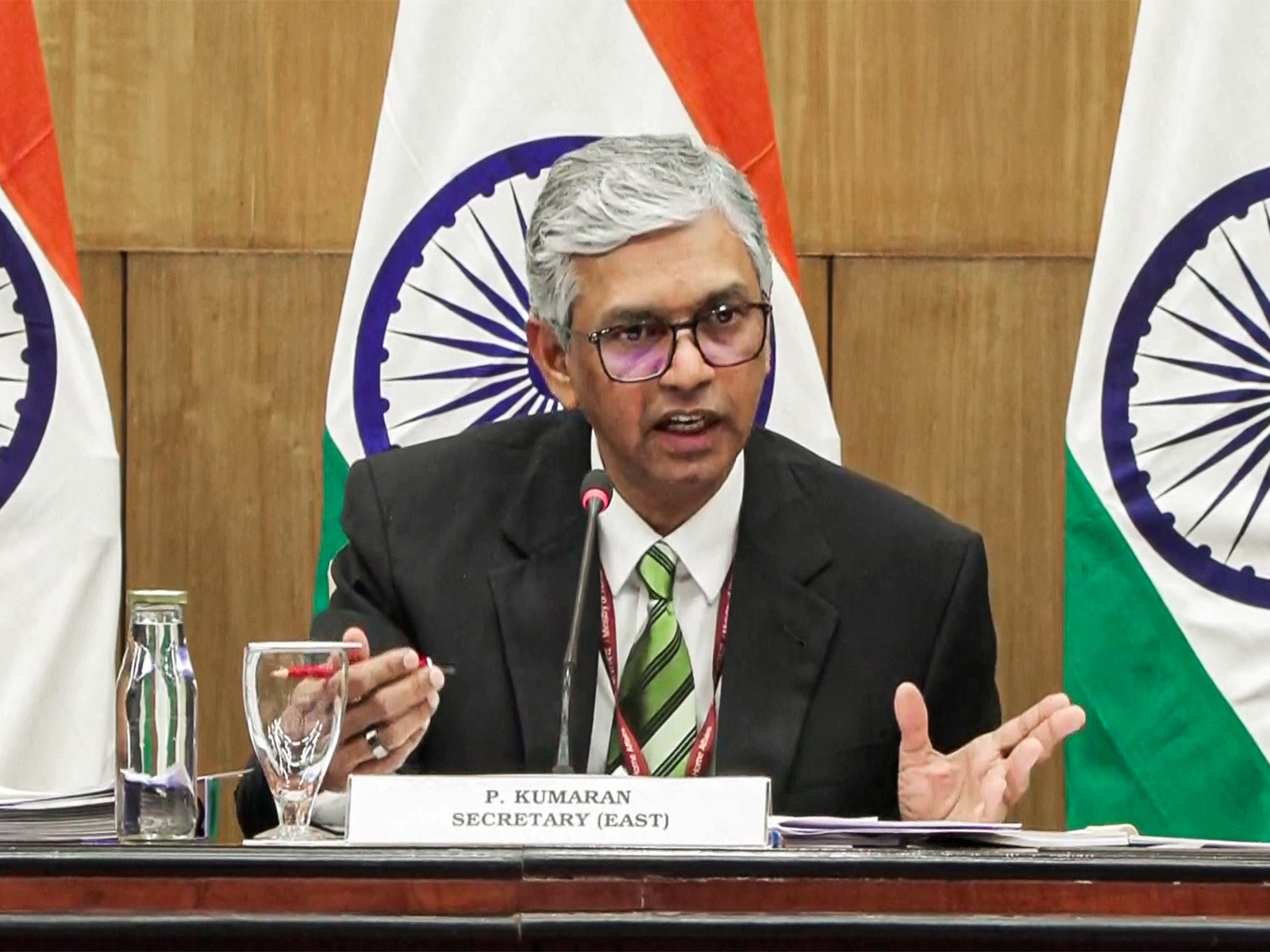 Secretary (East) in the Ministry of External Affairs P Kumaran speaks during a briefing (Photo/ANI)