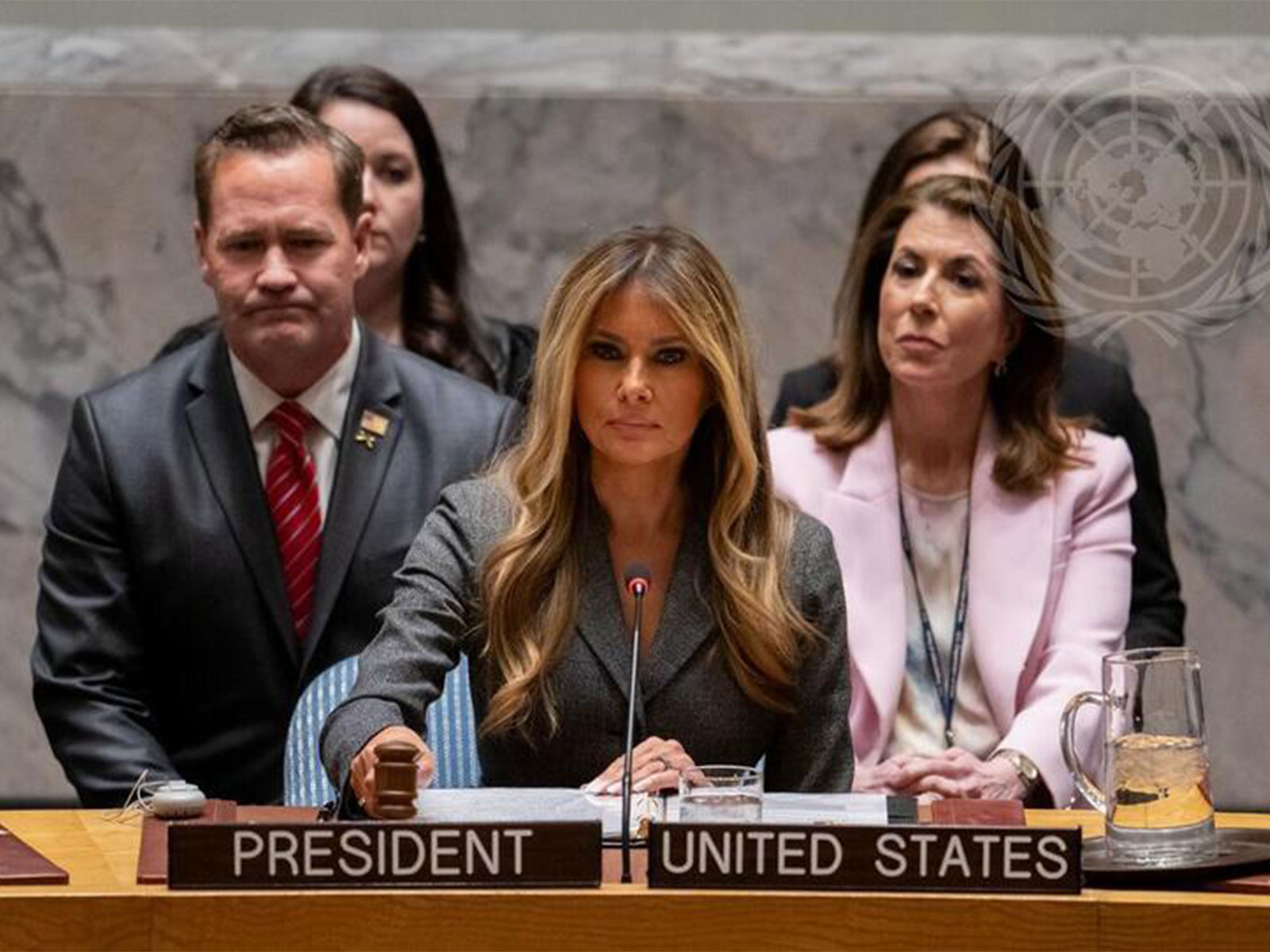 Melania Trump, First Lady of the United States of America and President of the Security Council for the month of March, chairs the Security Council meeting on children, technology and education in conflict on March 2, 2026.(Photo/UN)