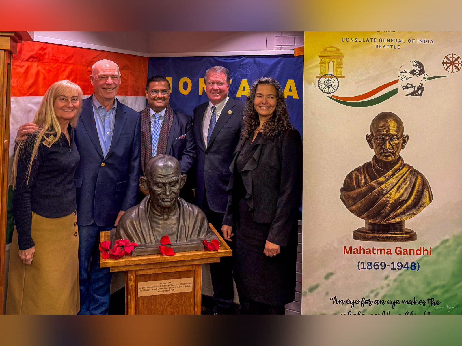 US: First bust of Mahatma Gandhi unveiled in Montana (Photo/X/@IndiainSeattle)