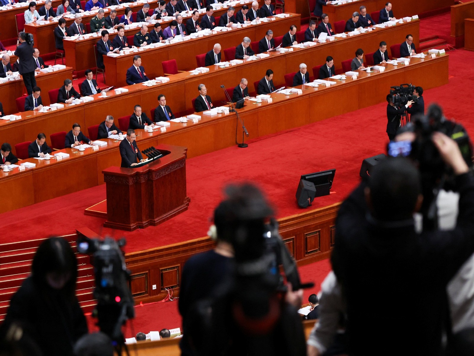 Chinese Premier Li Qiang delivers a work report during the opening session of the National People's Congress (NPC) at the Great Hall of the People in Beijing, China on March 5, 2026.(Photo/Reuters)