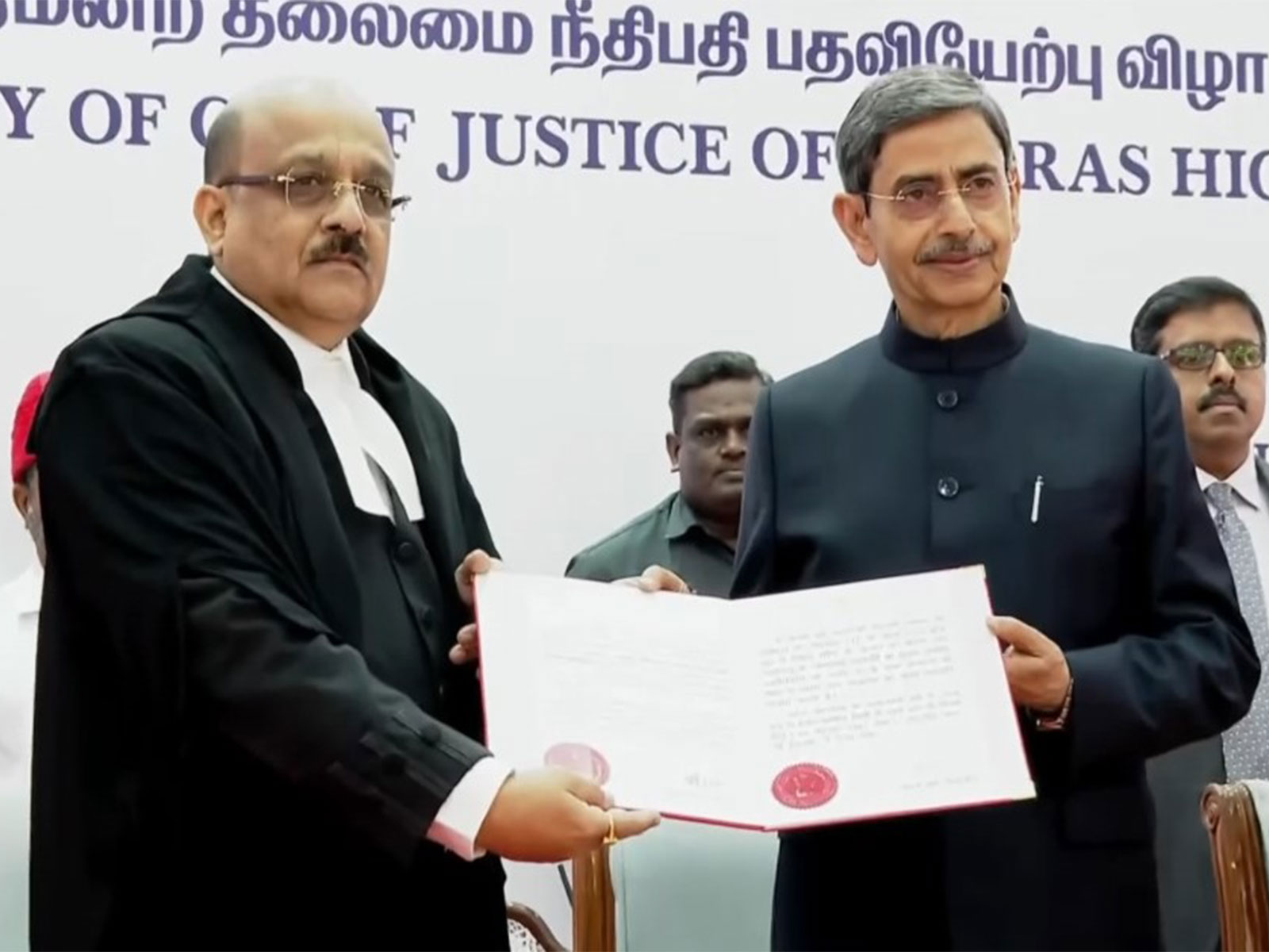 Tamil Nadu Governor administers oath to new Madras HC chief justice Sushrut Arvind Dharmadhikari (Photo/ANI)