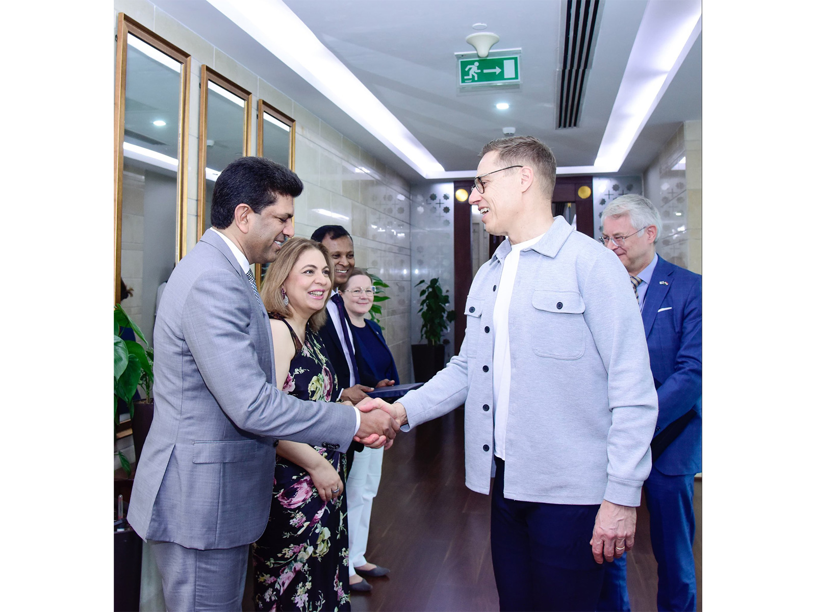 Union Minister of State for Rural Development and Communications, Chandra Sekhar Pemmasani, bids farewell to Finnish President Alexander Stubb at the airport on Sunday, marking the conclusion of his official state visit to India. (Photo: X/@MEAIndia)