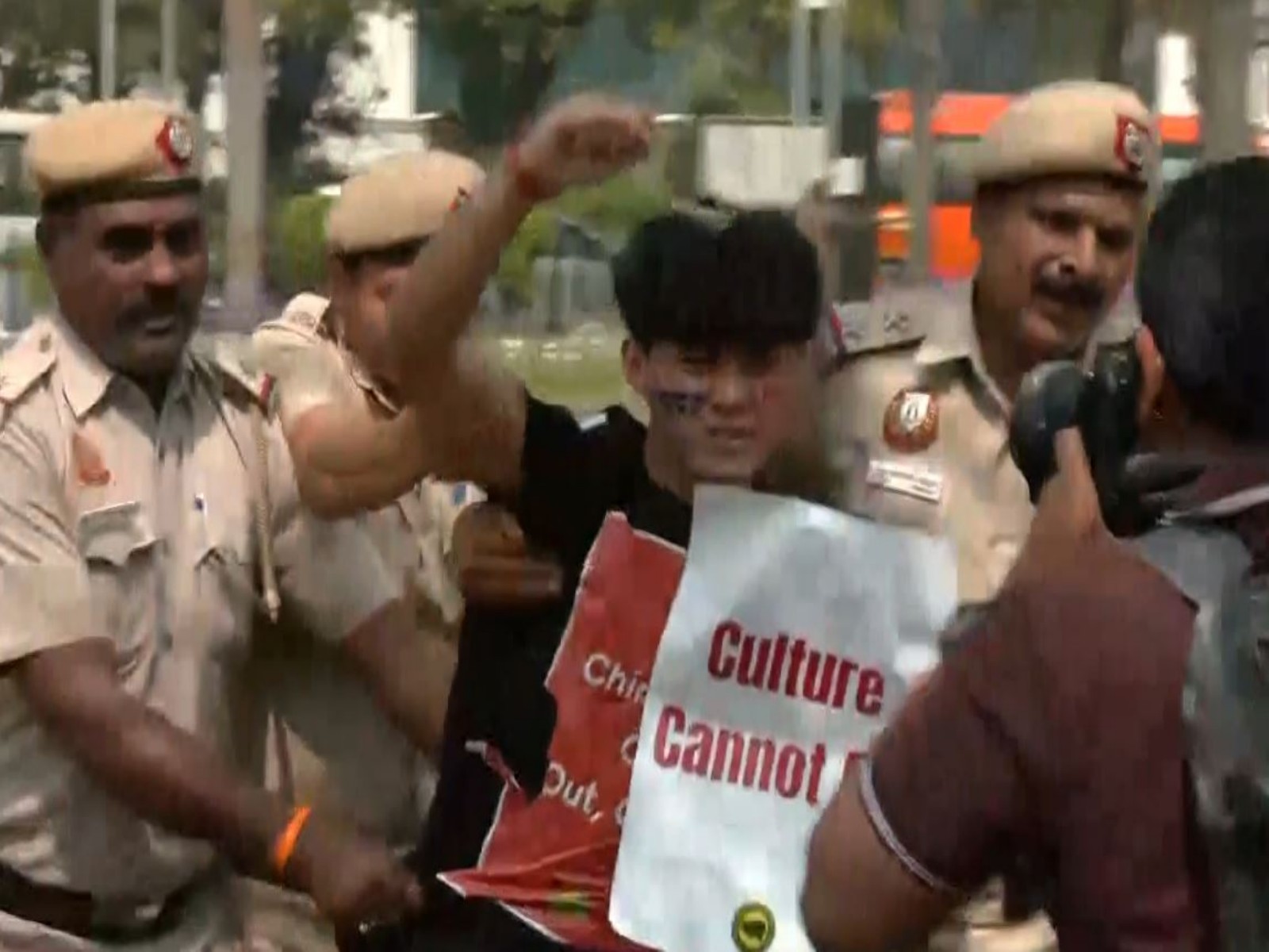 New Delhi: Tibetan Youth Congress stages peaceful protest outside Chinese Embassy on 67th Tibetan National Uprising Day (Photo/ANI)