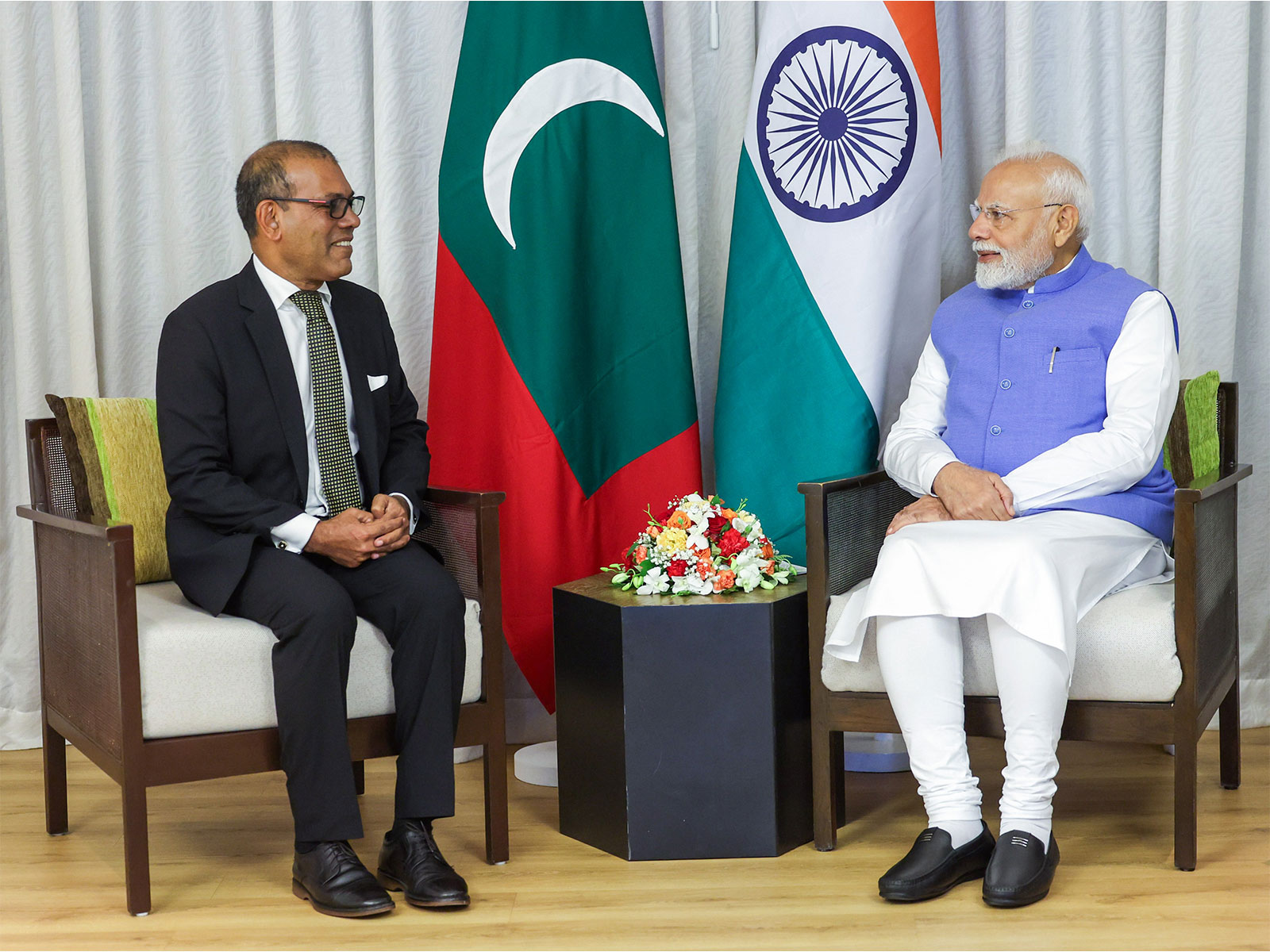 Prime Minister Narendra Modi with Maldivian former President Mohamed Nasheed (Photo/ANI)