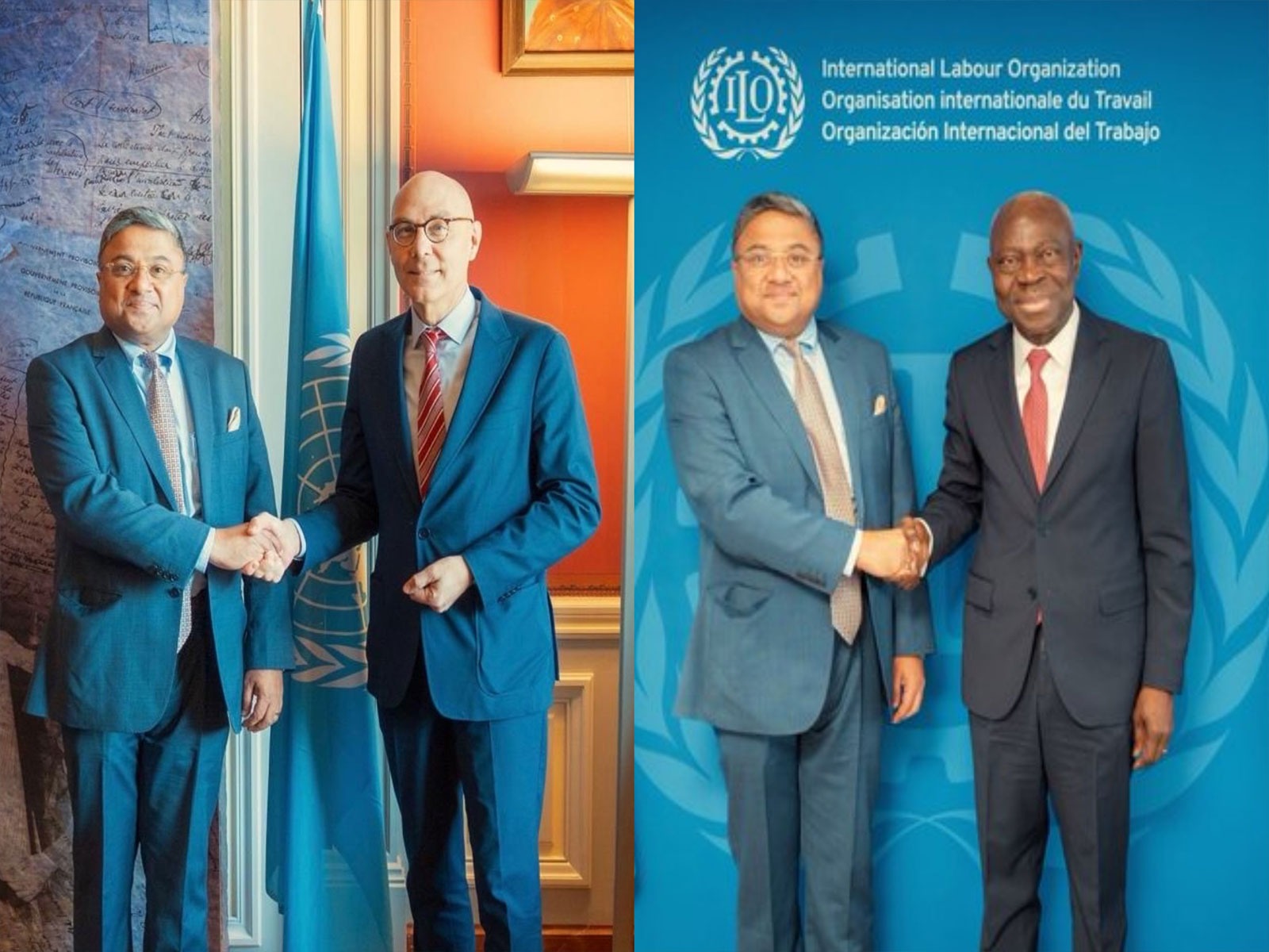 India’s Secretary (West) Sibi George meets Volker Turk,  United Nations High Commissioner for Human Rights and Gilbert F. Houngbo, Director-General of the International Labour Organization (Photo/X/Randhir Jaiswal @MEAIndia)