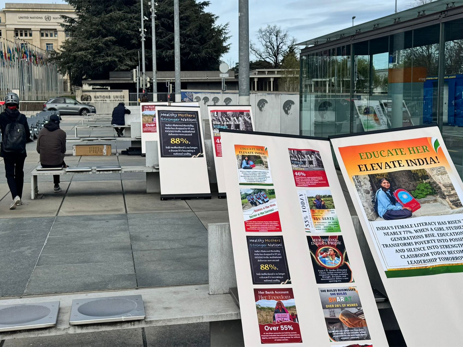 Posters highlighting initiatives and achievements related to women empowerment in India displayed during a photo exhibition organised by Rajasthan Samgrah Kalyan Sansthan on the sidelines of the 61st session of the UN Human Rights Council in Geneva. (Photo/ANI)