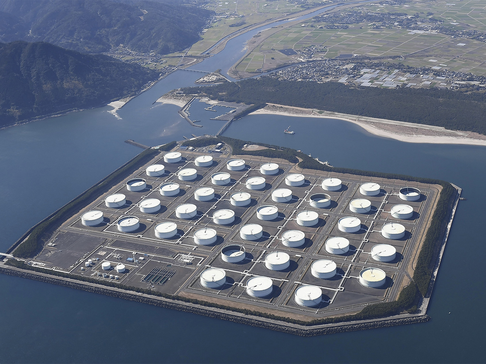 Aerial view of the Shibushi National Petroleum Stockpiling Base in Kagoshima Prefecture, Japan. (Photo/Reuters)