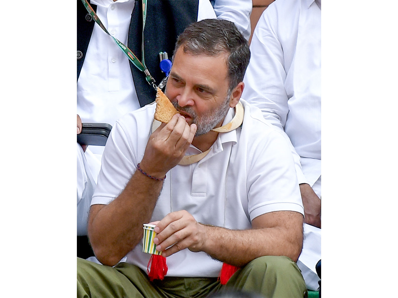 Lok Sabha LoP Rahul Gandhi drinks tea as he takes part in a protest at the Parliament (Photo/ANI)
