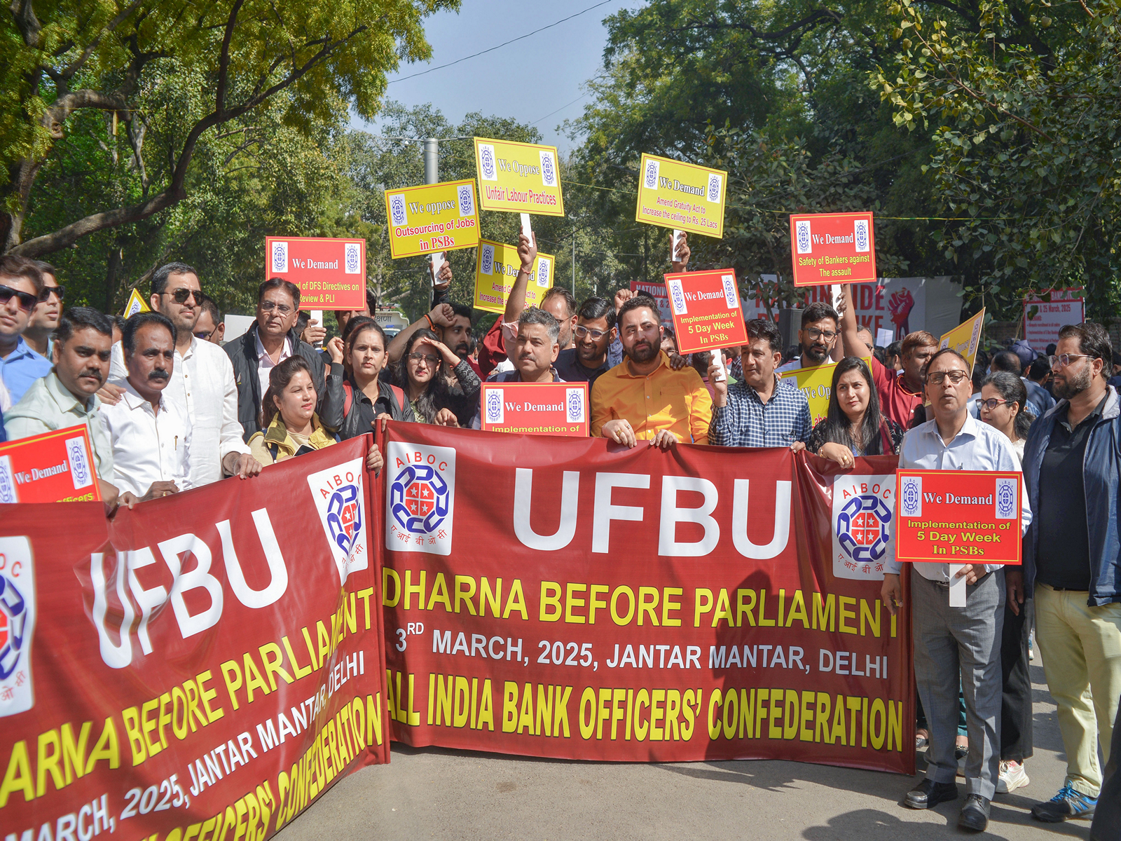 Bank employees, under the banner of the United Forum of Bank Unions (UFBU) during protest (File Photo/ANI)