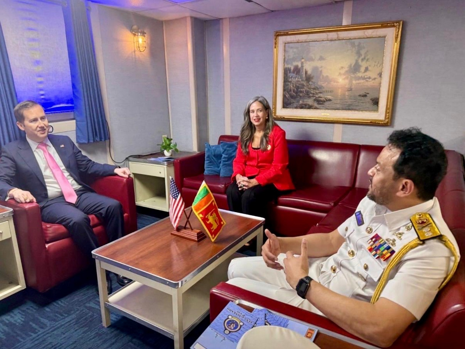 US Special Representative for South and Central Asia Sergio Gor interacts with Sri Lanka Navy Chief of Staff Rear Admiral Damian Fernando aboard SLNS Gajabahu during a visit highlighting US–Sri Lanka maritime security cooperation. (Photo: X/@USEmbSL)