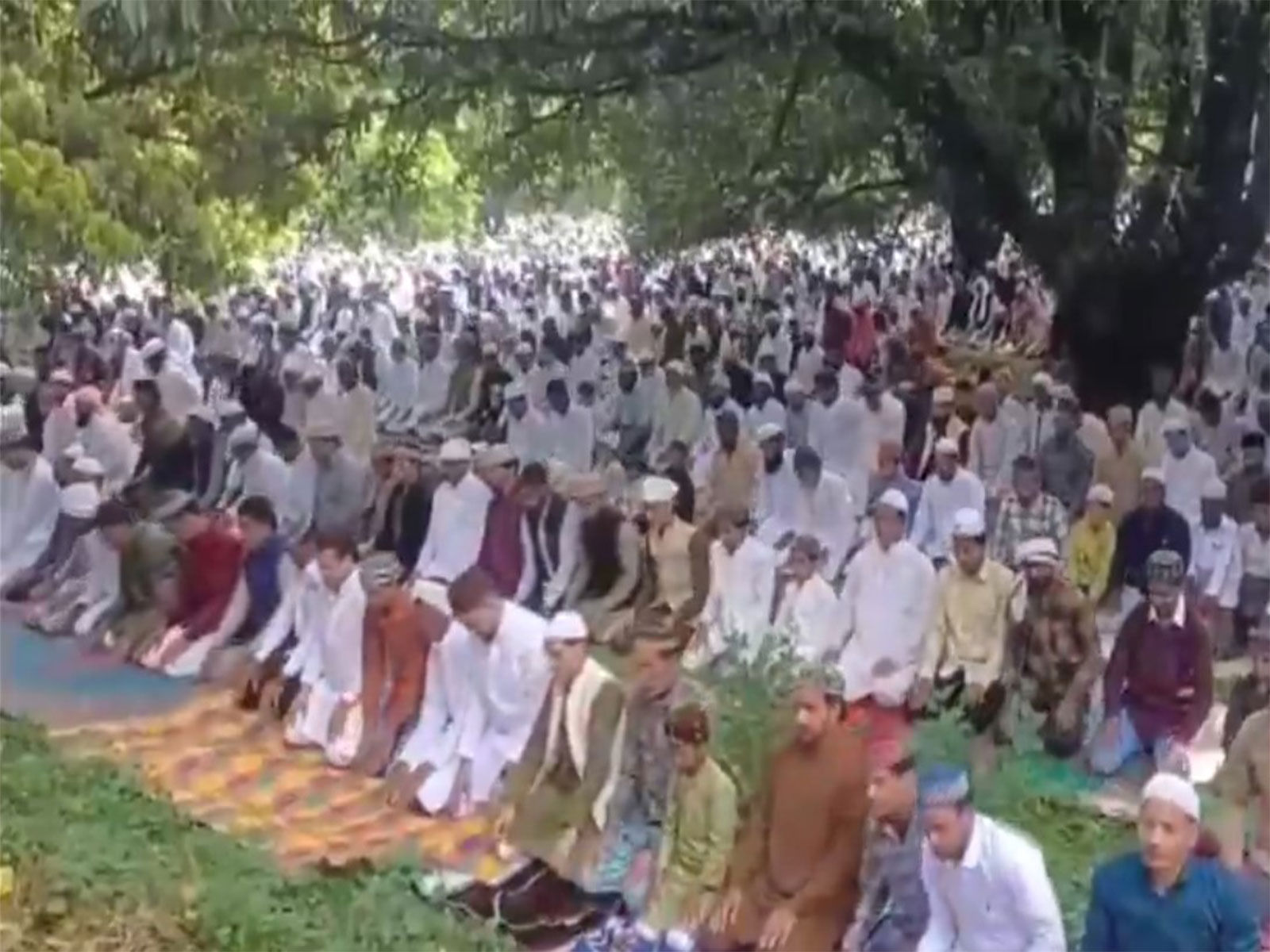 Shia Muslims in Sambhal wear black bands at Eidgah during Eid Namaz (Photo/ANI)