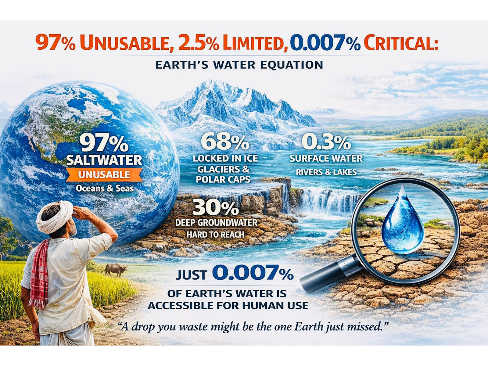World Water Day: 97% Unusable, 2.5% Limited, 0.007% Critical: Earth’s Water Equation World Water Day: 97% Unusable, 2.5% Limited, 0.007% Critical: Earth’s Water Equation