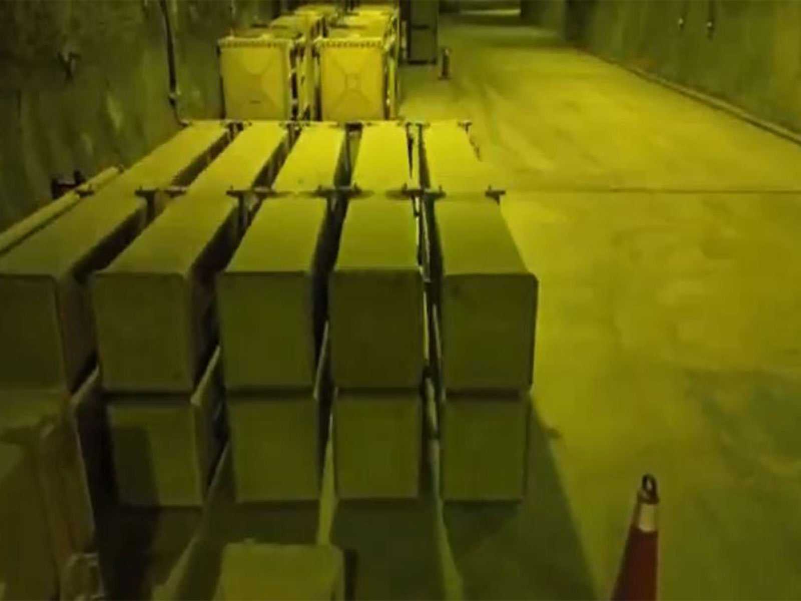 Rows of missile containers lined up inside an underground facility, as shown in footage released by Iranian state media. Rows of missile containers lined up inside an underground facility, as shown in footage released by Iranian state media.