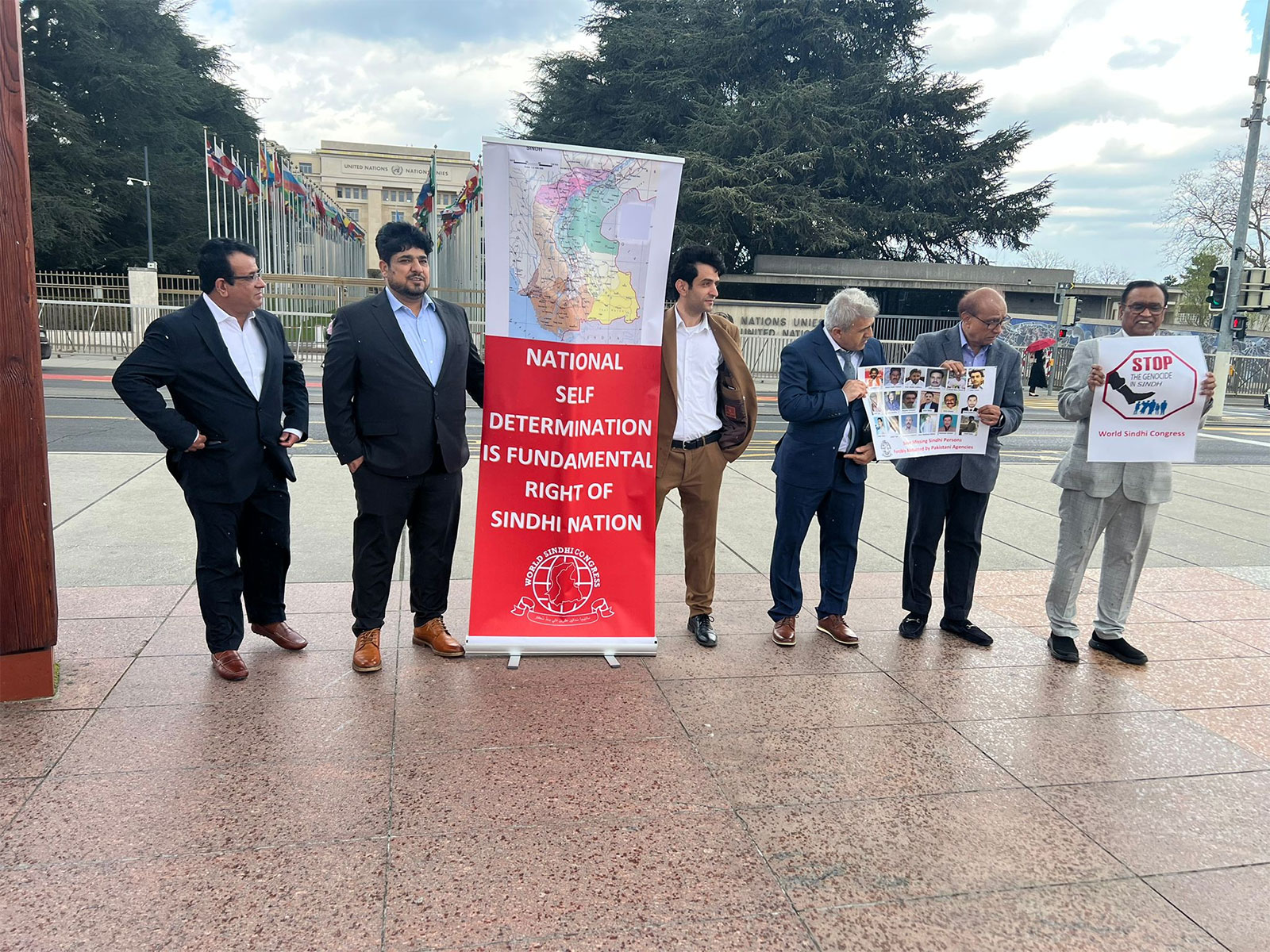 Members of the World Sindhi Congress protest at Place des Nations in Geneva during the UNHRC session, holding placards highlighting alleged human rights violations in Sindh, Pakistan (Photo/ANI)