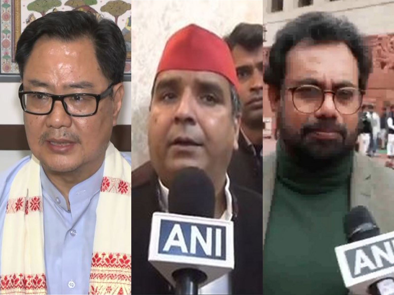 Union Minister Kiren Rijiju (L), SP MP Dharmendra Yadav (C) and CPI MP John Brittas (R) (Photo/ANI)