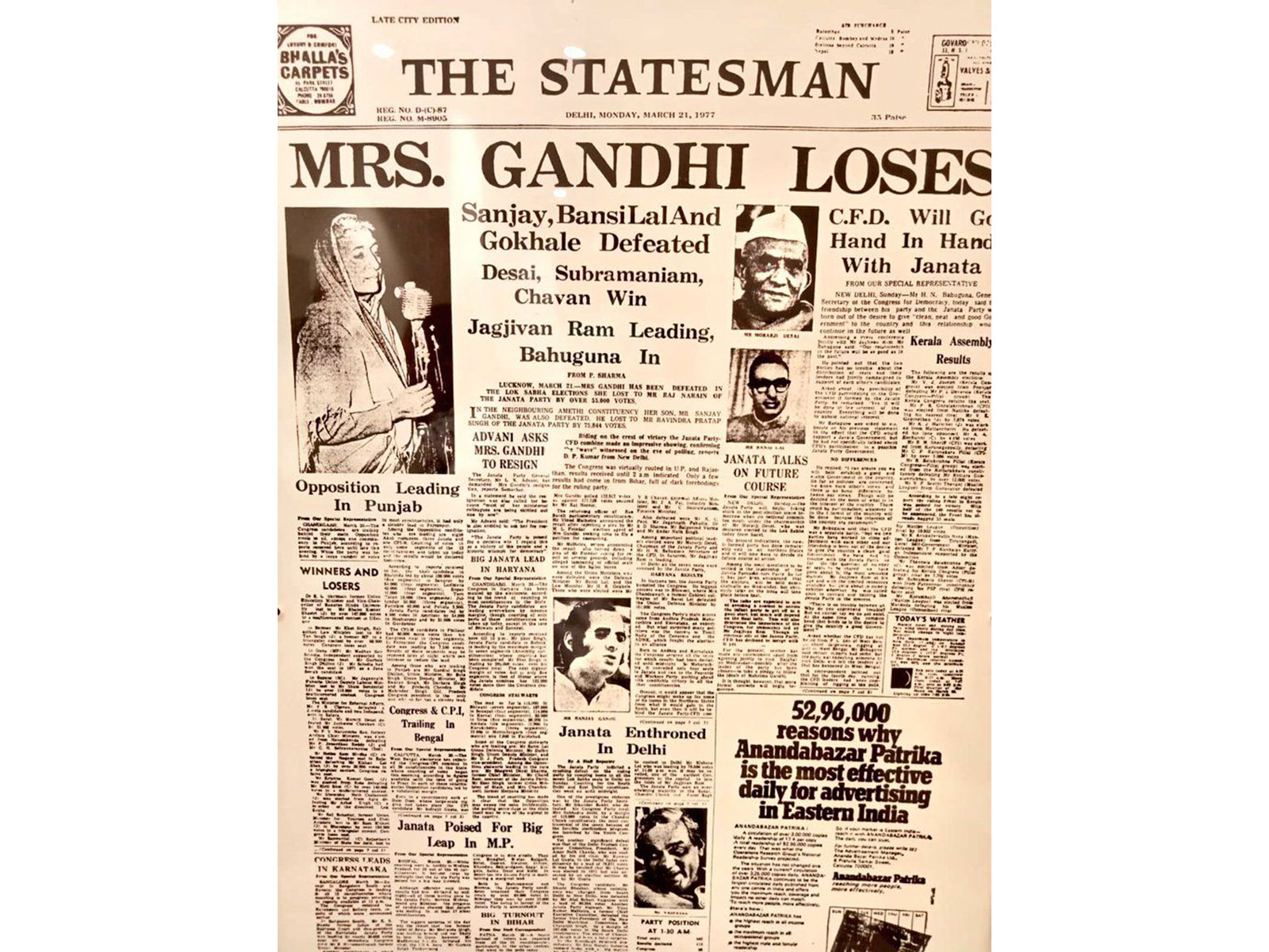 News article from The Statesman, March 21, 1977, reporting the electoral loss of former PM Indira Gandhi and the rise of the Janata Party in India’s political landscape (Photo: x/@BJP4India)