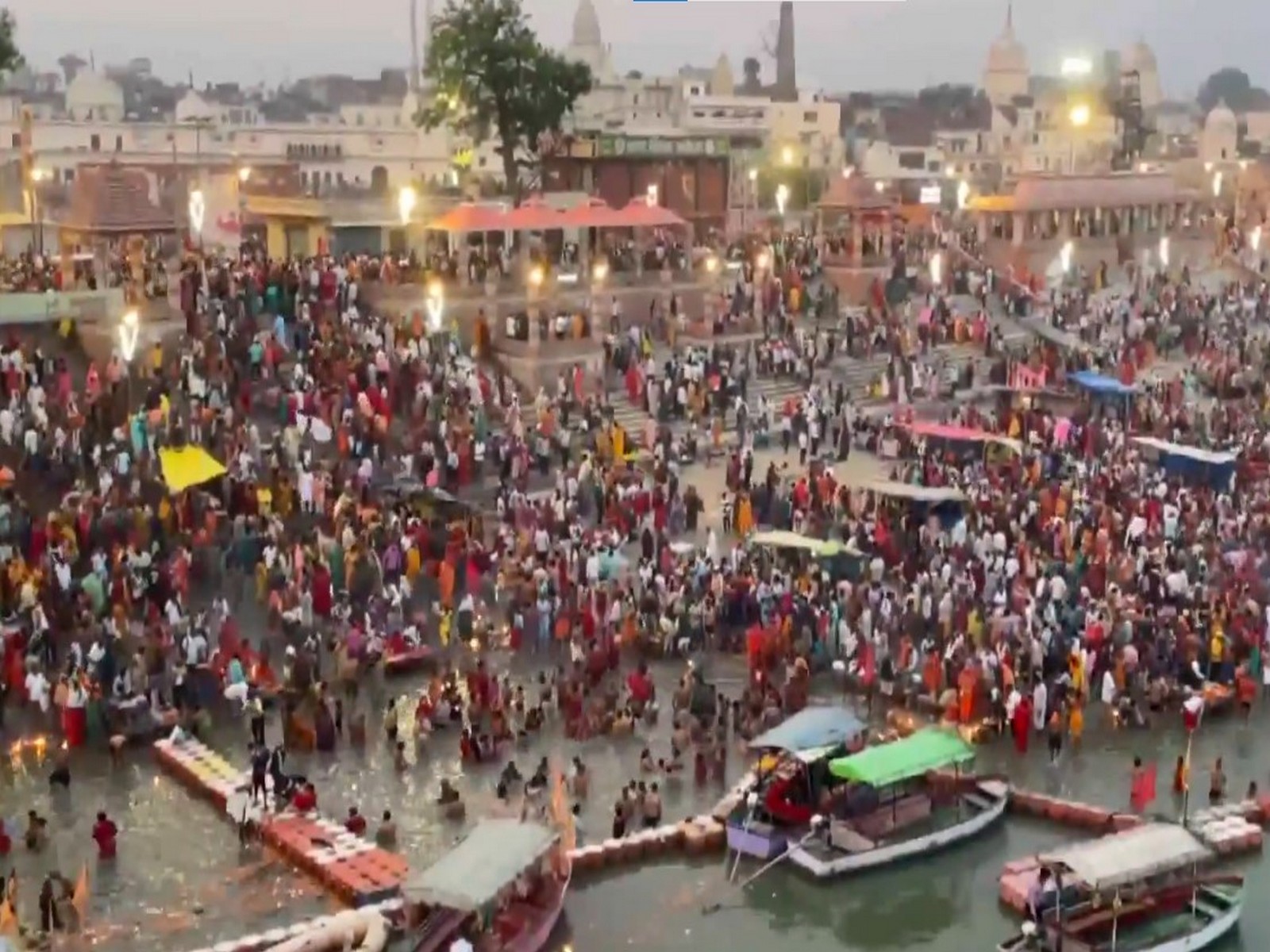 Devotees in large numbers take a holy dip in the Saryu river on the occasion of Rama Navami (Photo/ANI)