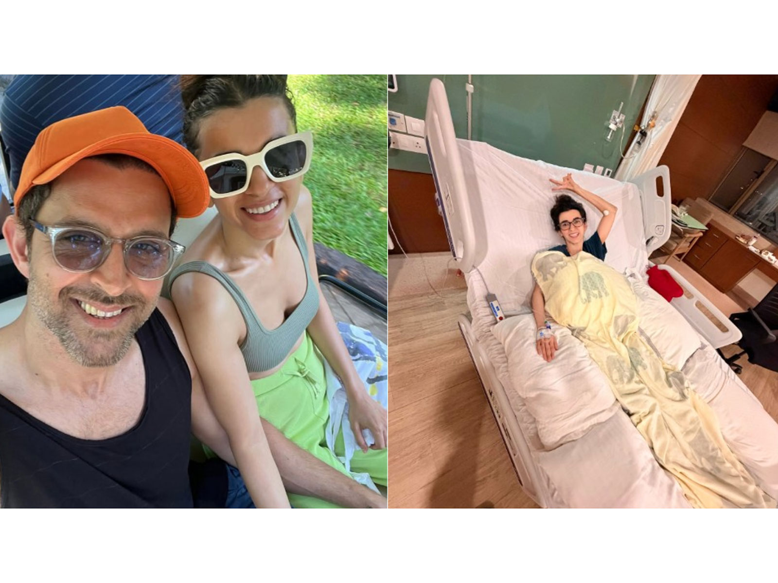 Saba Azad with Hrithik (L) Saba in hospital (R) (Photos/instagram/@sabazad)