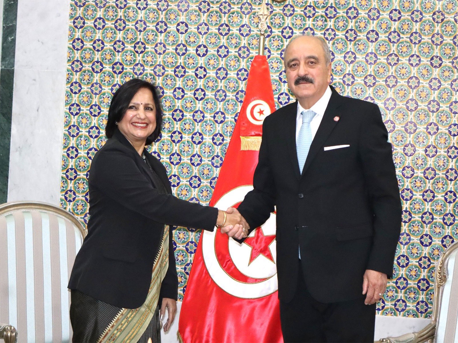 Ministry of External Affairs Secretary (South) Neena Malhotra with Tunisia Foreign Minister Mohamed Ali Nafti (Photo: X@MEAIndia) Ministry of External Affairs Secretary (South) Neena Malhotra with Tunisia Foreign Minister Mohamed Ali Nafti (Photo: X@MEAIndia)