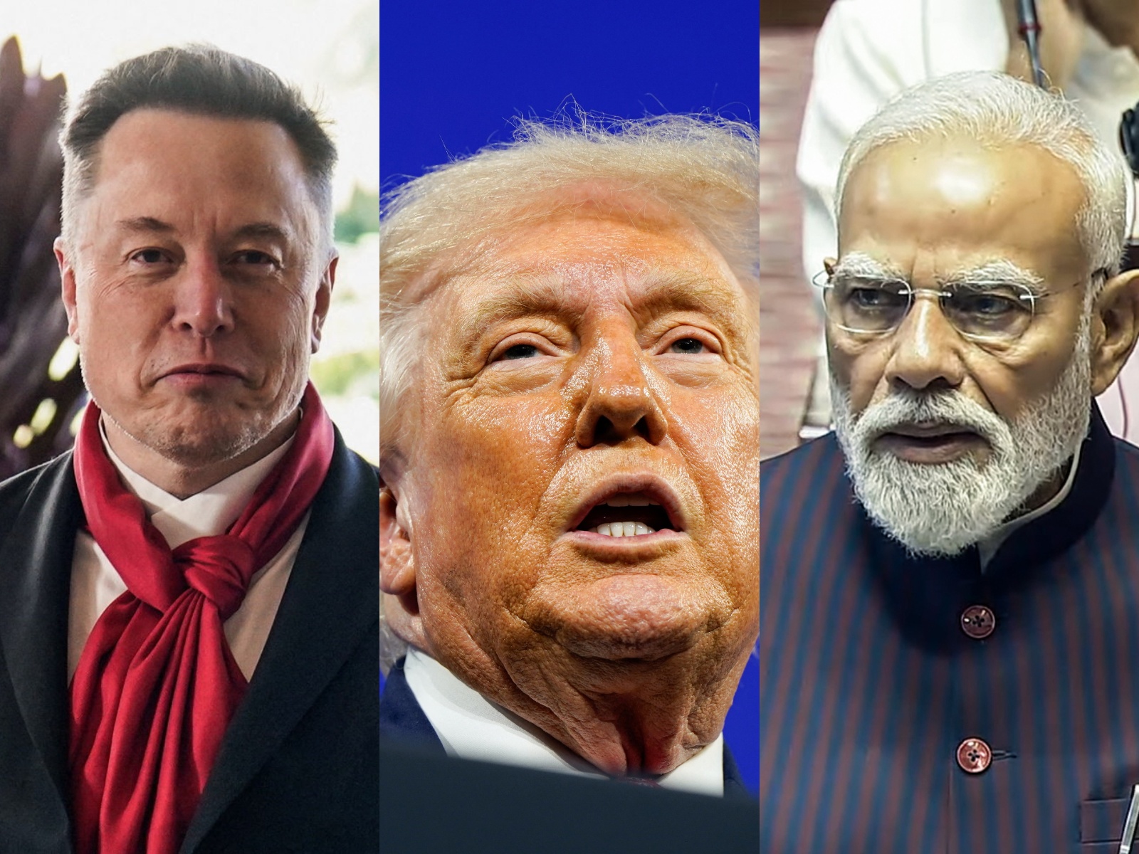 Tesla CEO Elon Musk, US President Donald Trump and Prime Minister Narendra Modi (Photo/Reuters, ANI) 