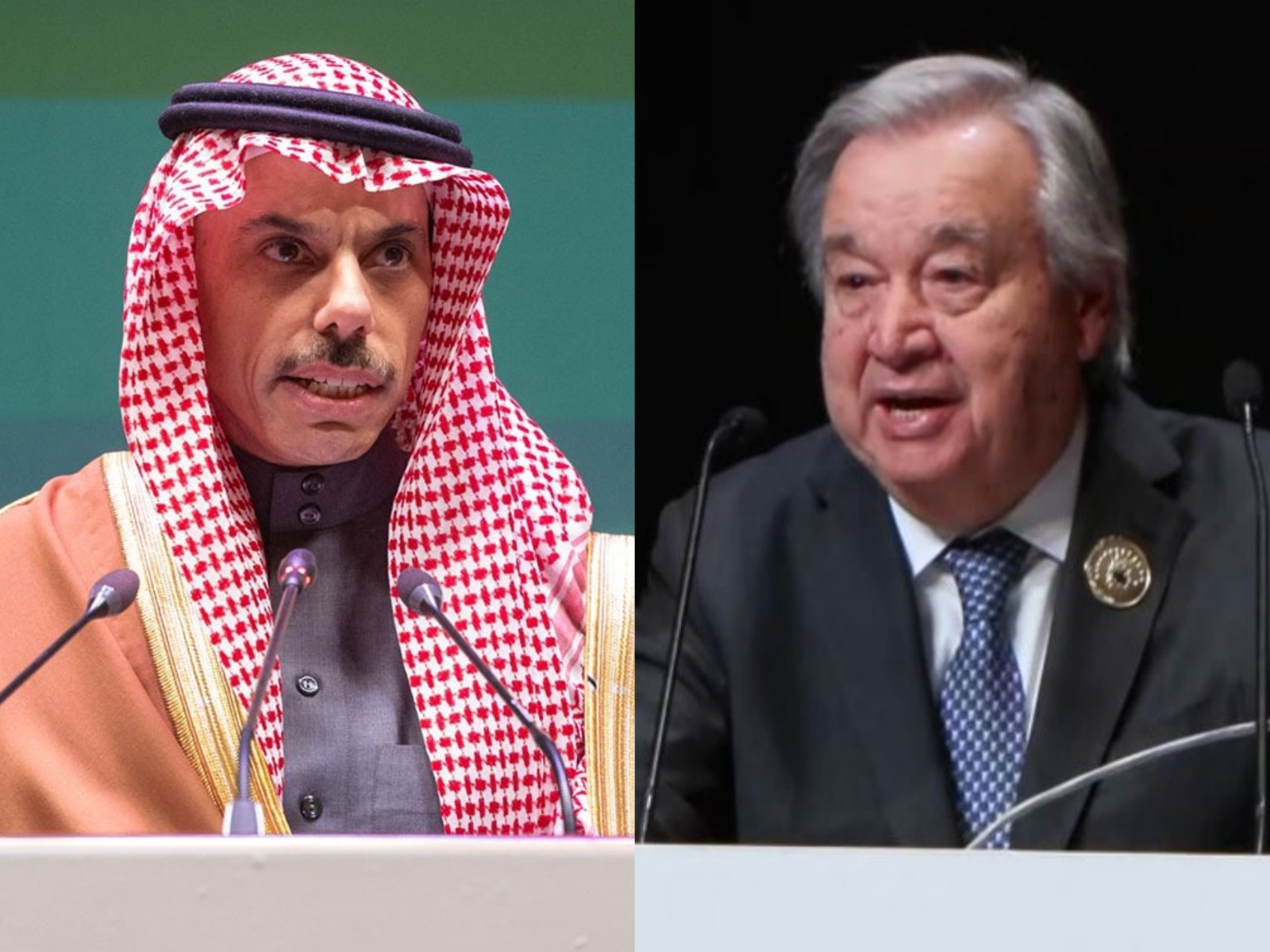 Saudi Foreign Minister Faisal bin Farhan and UN Secretary-General Antonio Guterres (on right) (Image Source: X/@KSAmofaEN and ANI)
