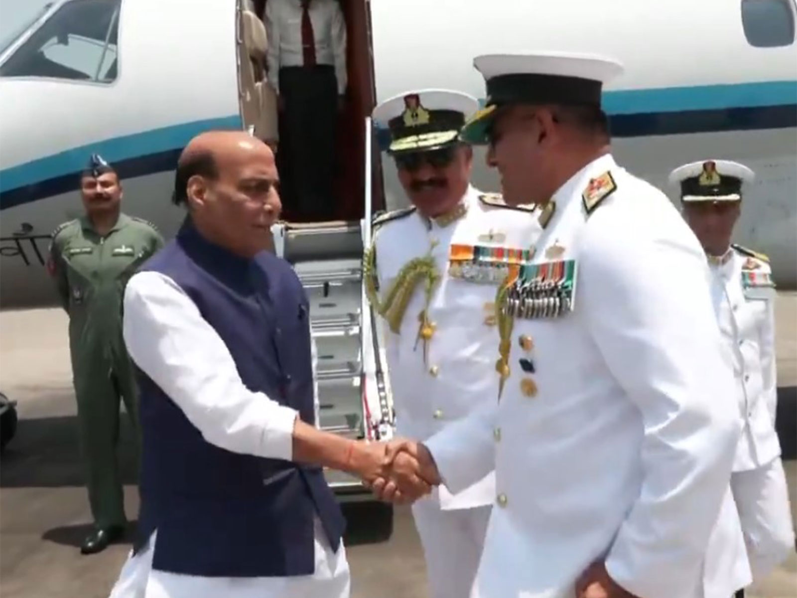 Defence Minister Rajnath Singh lands in Visakhapatnam (Photo/ANI)