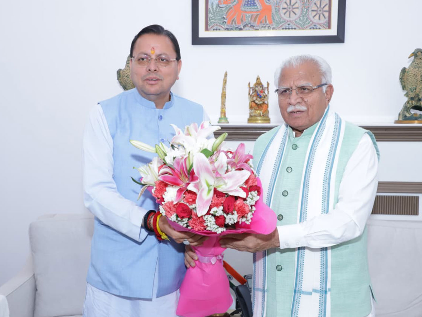 Uttarakhand CM Pushkar Singh Dhami meet Union Minister for Power Manohar Lal Khattar (Photo/ANI) Uttarakhand CM Pushkar Singh Dhami meet Union Minister for Power Manohar Lal Khattar (Photo/ANI)