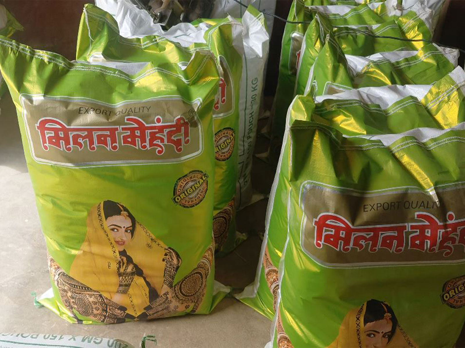 Bags of Sojat's mehendi powder stacked inside a factory in Rajasthan’s Pali district (Photo/ANI)
