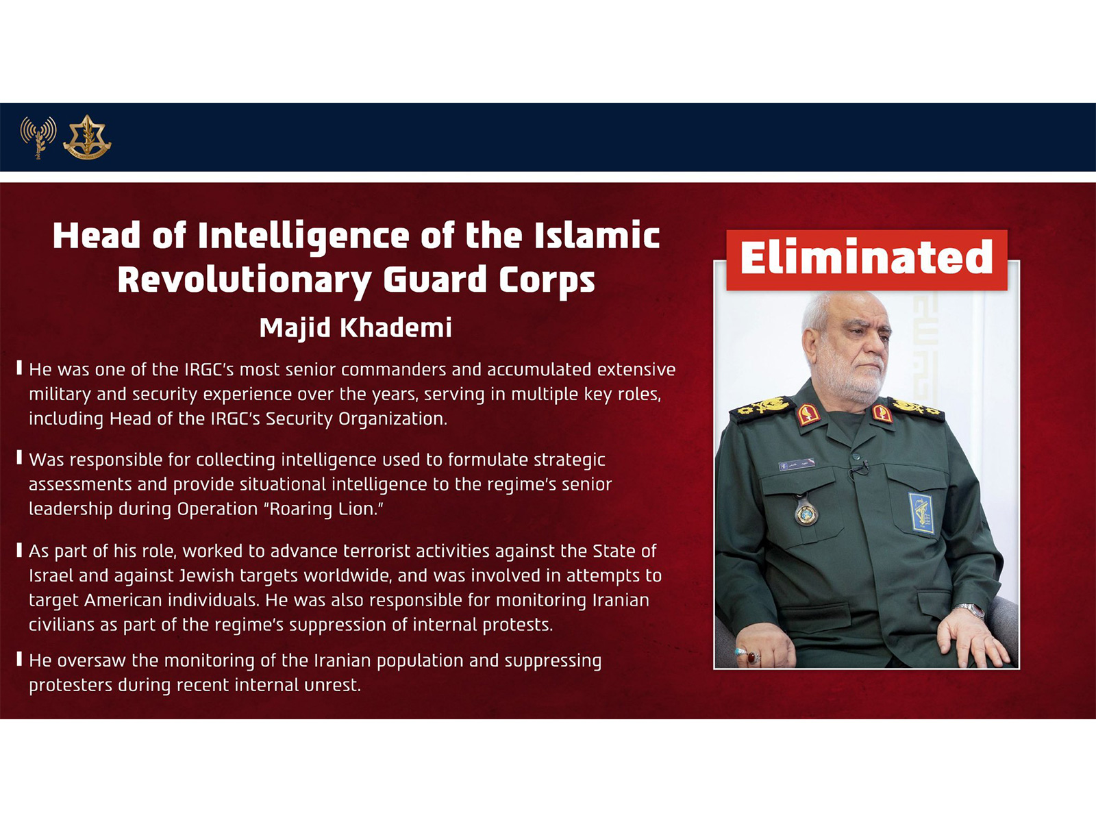 IDF announces elimination of Majid Khademi (Photo/@IDF) IDF announces elimination of Majid Khademi (Photo/@IDF)