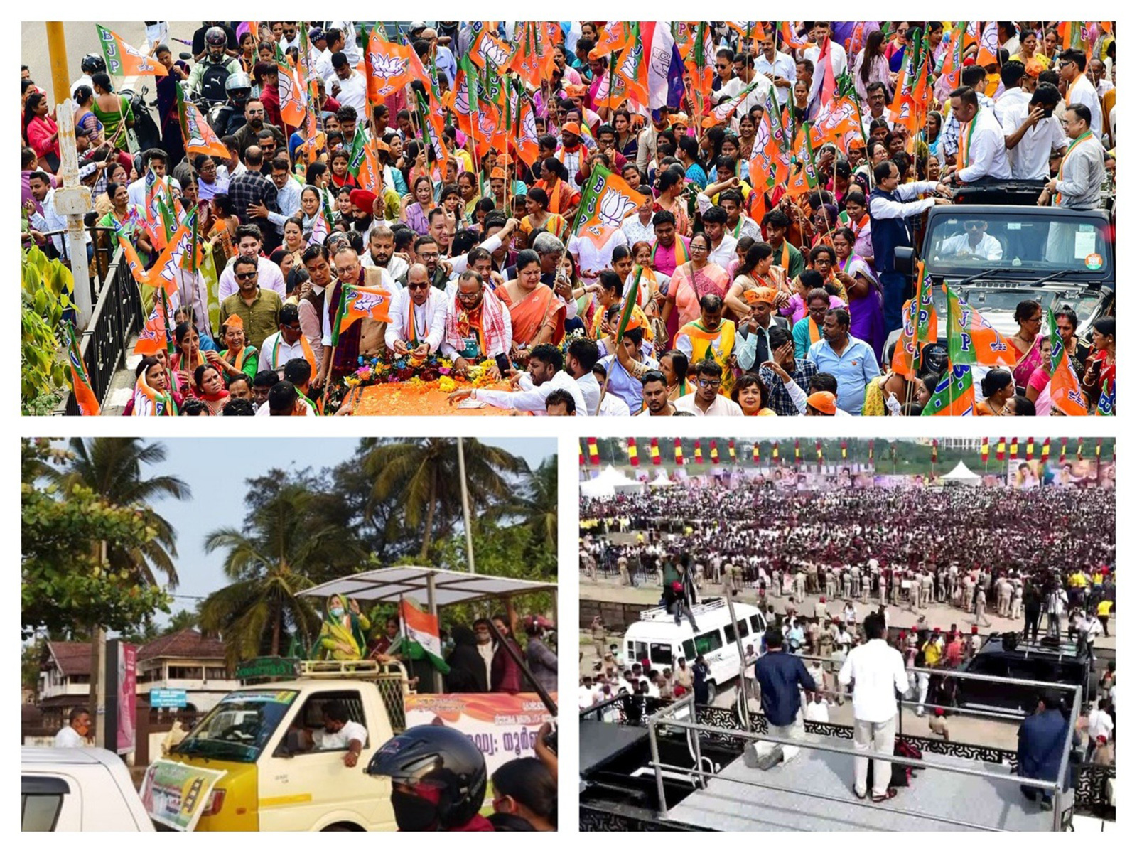 Visuals of campaigning in Assam, Keralam and Puducherry (LtoR) Photo/ANI)