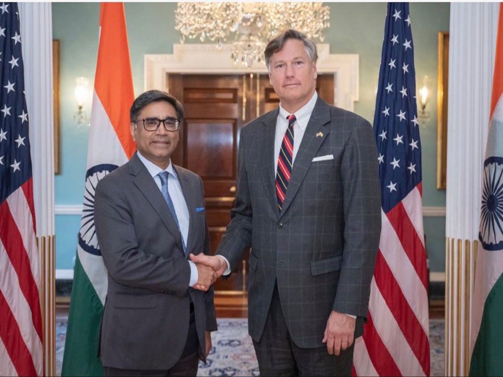Foreign Secretary Vikram Misri with US Deputy Secretary of State Christopher Landau (Photo: X@MEAIndia)