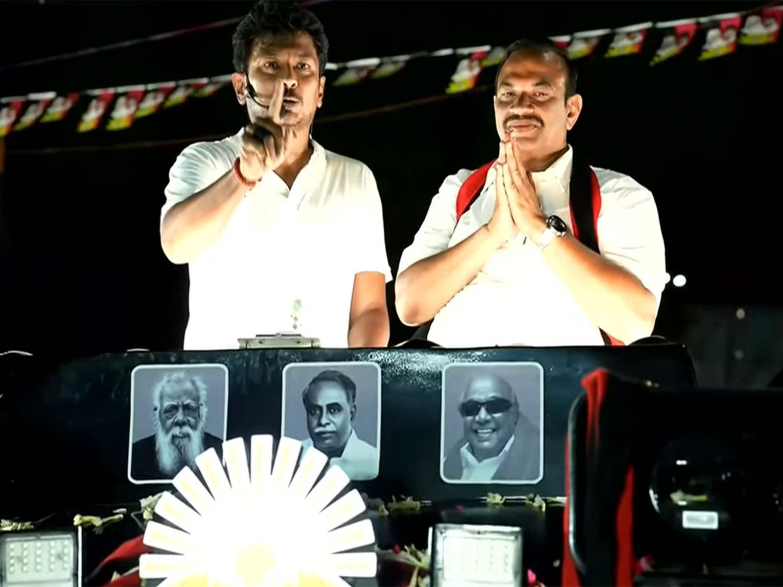 Dy CM Udhayanidhi Stalin (left) campaigns for  MK incumbent Inigo Irudayaraj, from Tirucirappalli (east) (Photo/ANI)