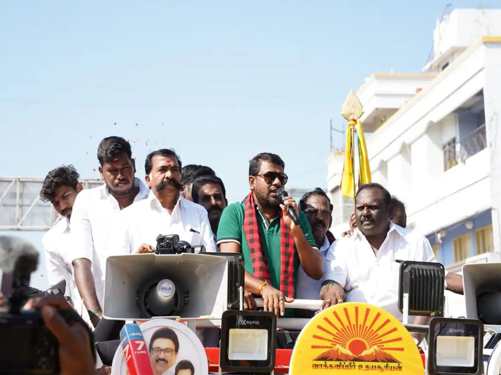 DMK leader S Kathiravan campaigns in Manachanallur Constituency (Photo/ANI) DMK leader S Kathiravan campaigns in Manachanallur Constituency (Photo/ANI)
