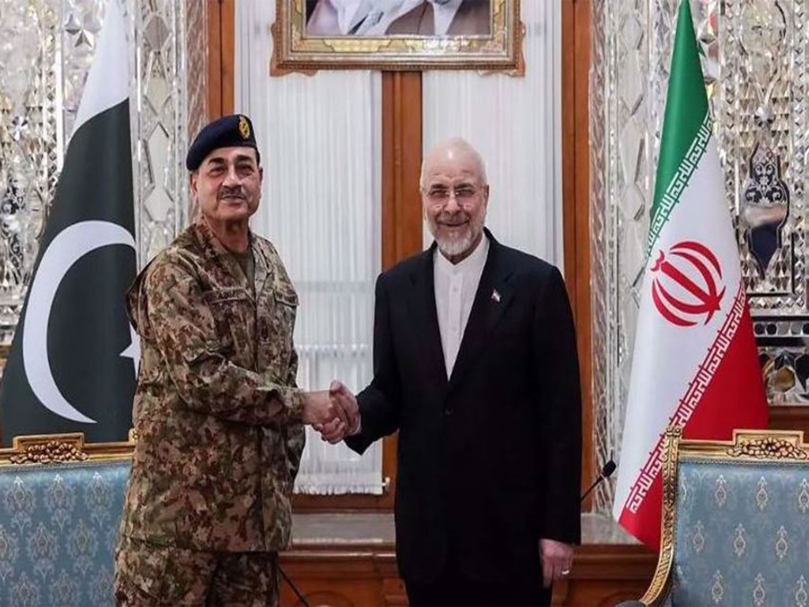 Pakistan’s Army Chief Asim Munir meets Iranian Parliament Speaker Mohammad Bagher Ghalibaf in Tehran, Iran. (Image Source: Iranian state media)