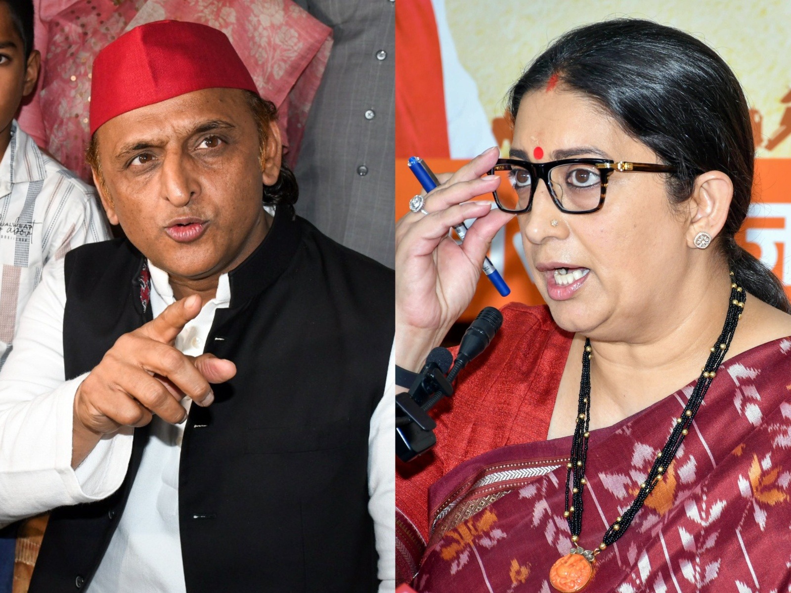 SP Chief Akhilesh Yadav (L) and Smriti Irani (R) (Photo/ ANI)