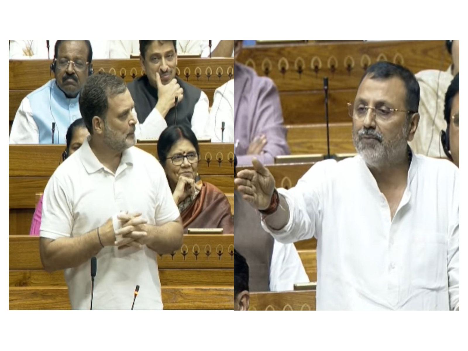LoP Lok Sabha Rahul Gandhi and BJP MP Nishikant Dubey (Photos/Sansad TV)