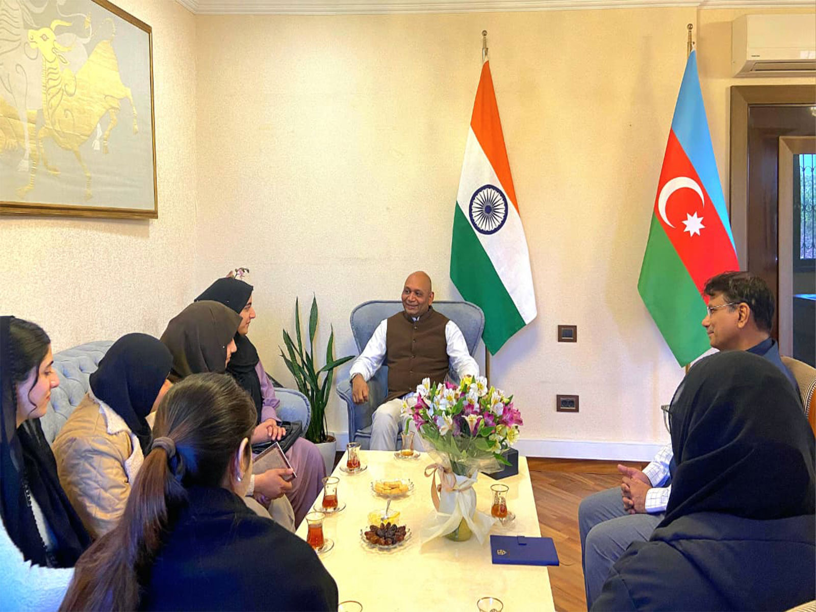 Ambassador Abhay Kumar with evacuated Indian students (Photo/X@indembassybaku)