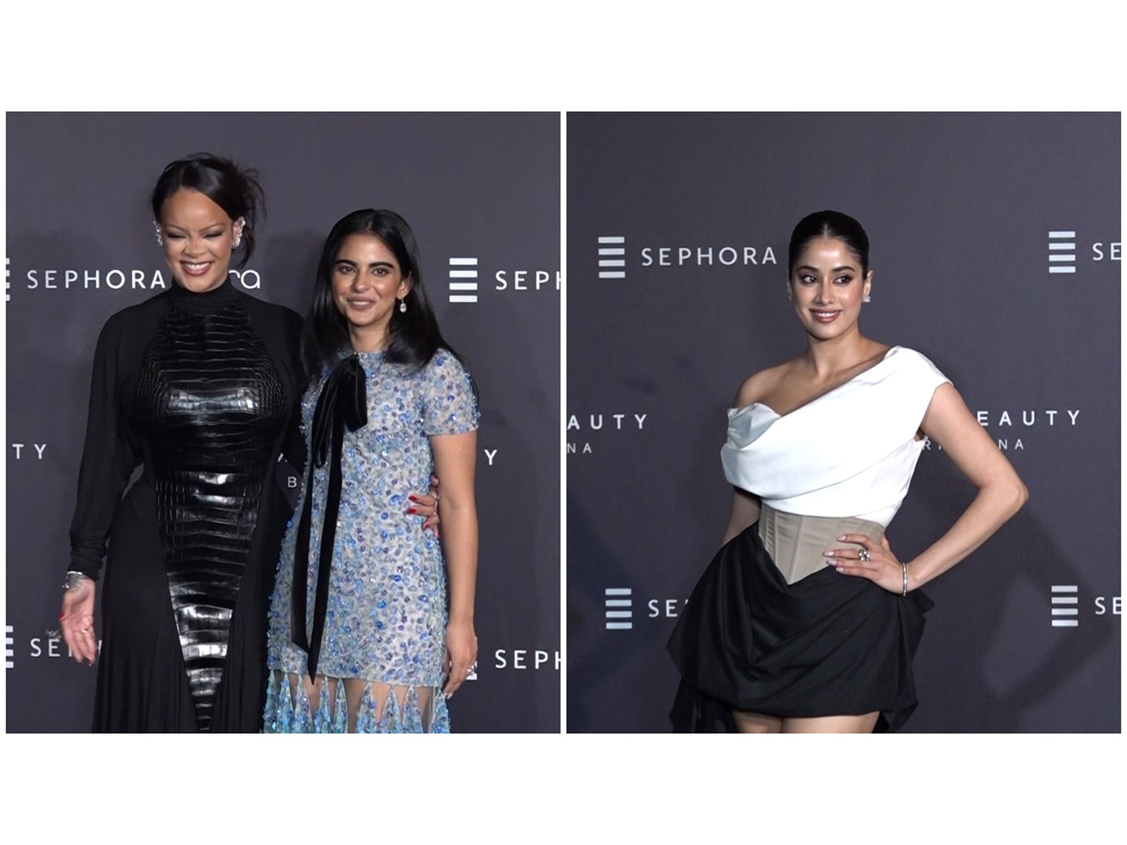 Rihanna with Isha Ambani (R) Janhvi Kapoor (L) (Photos/ANI)