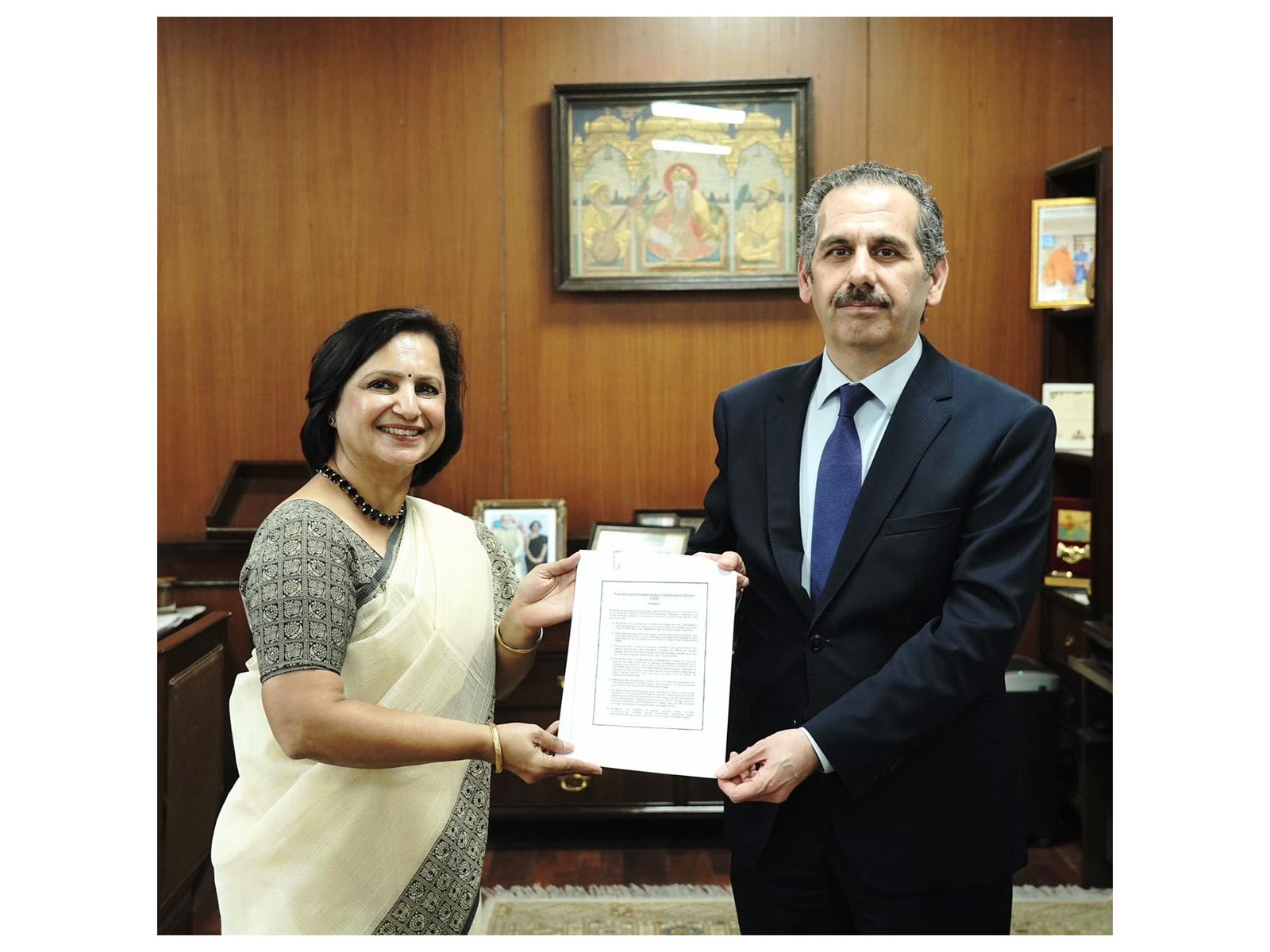 Ambassador of Jordan, Yousef Abdelghani formally hands over documents of Jordan’s Membership of ISA, CDRI and GBA to Secretary (South), Neena Malhotra (Photo/X/@MEAIndia)