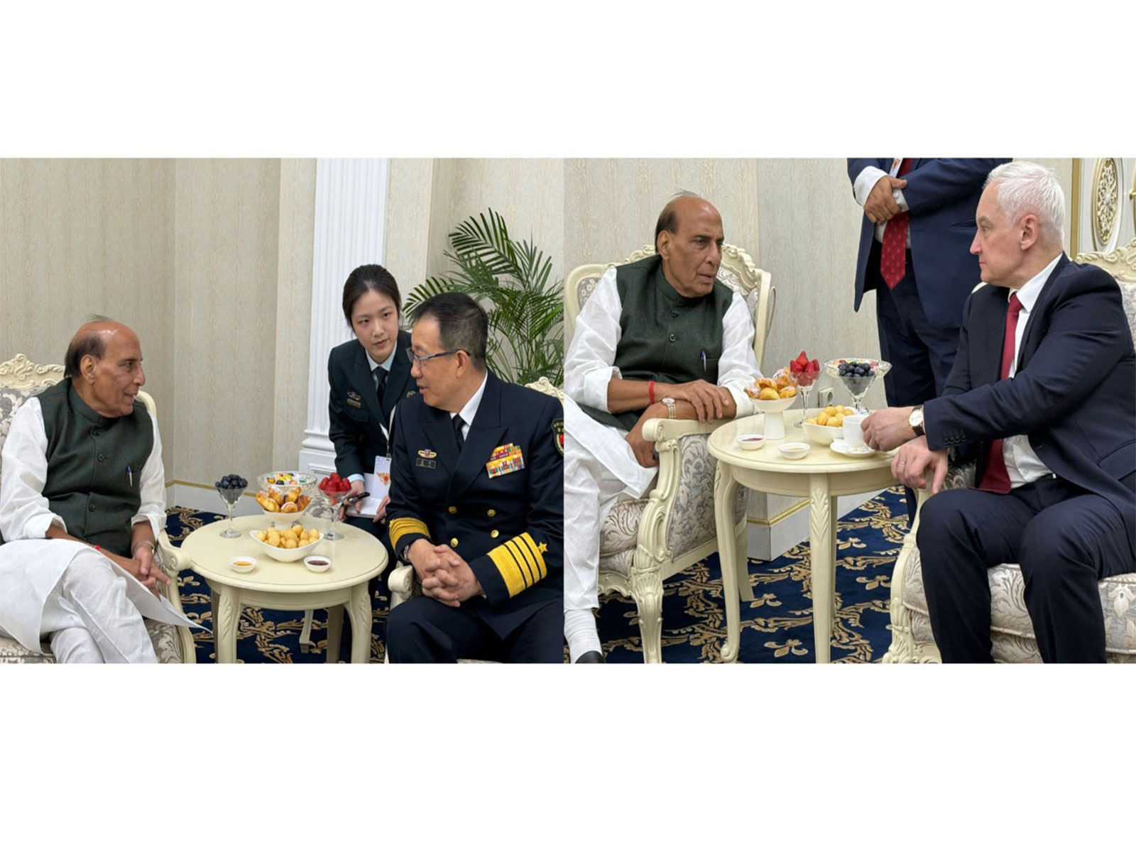 Defence Minister Rajnath Singh interacts with Chinese counterpart Admiral Dong Jun and Russian Defence Minister Andrei Belousov on the sidelines of the SCO Defence Ministers' meeting. (Photo: X/@rajnathsingh)