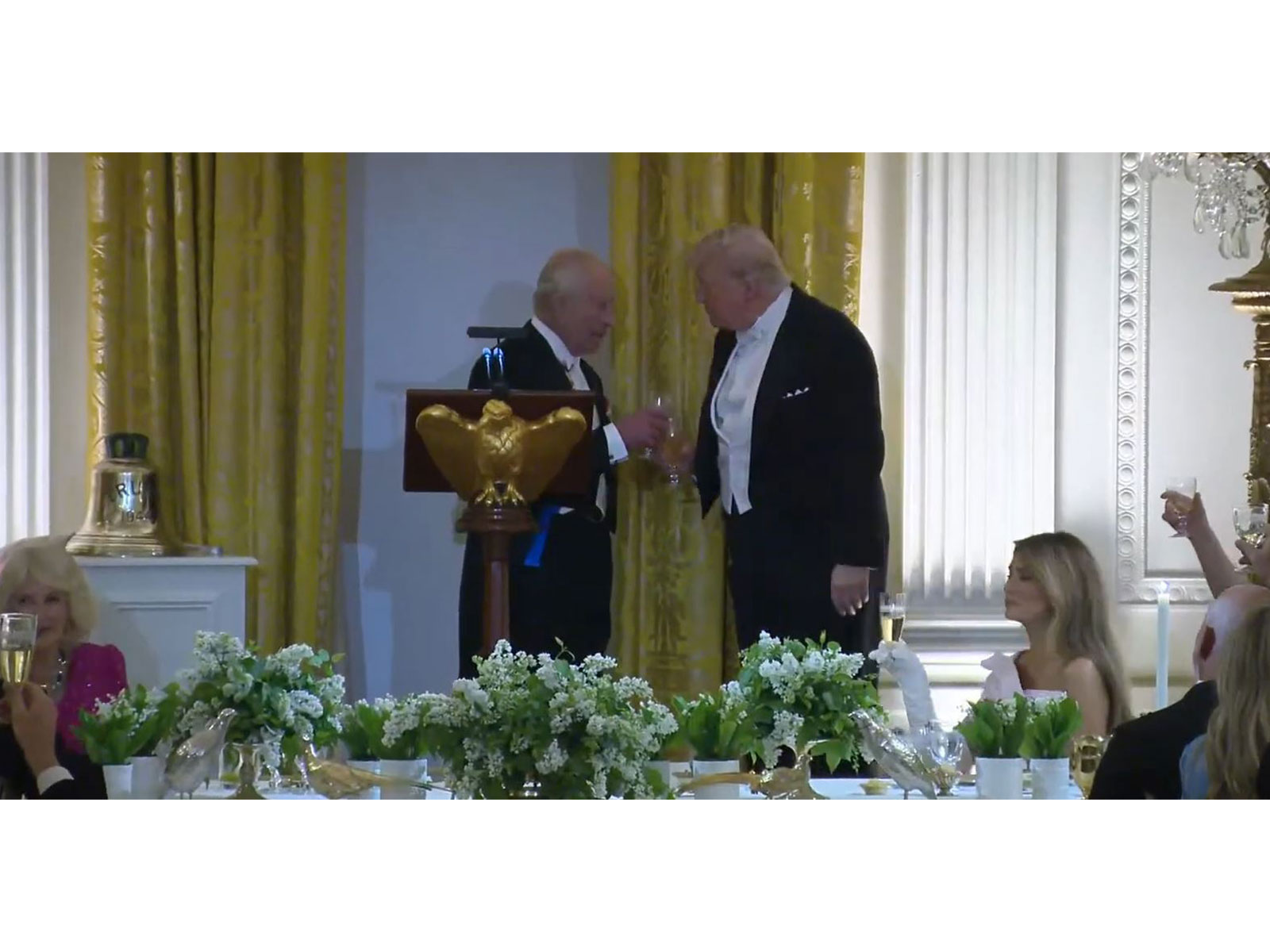 Britain’s King Charles III shares a toast with President Donald Trump during a state dinner at the White House. (Image Source: White House/YouTube)