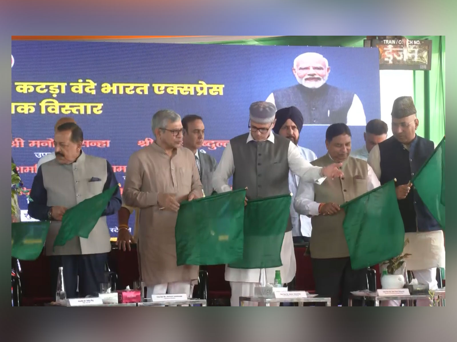 Union Minister Ashwini Vaishnaw and Jitendra Singh, CM Omar Abdullah flags off first Vande Bharat train from Jammu to Srinagar (Photo/ANI)