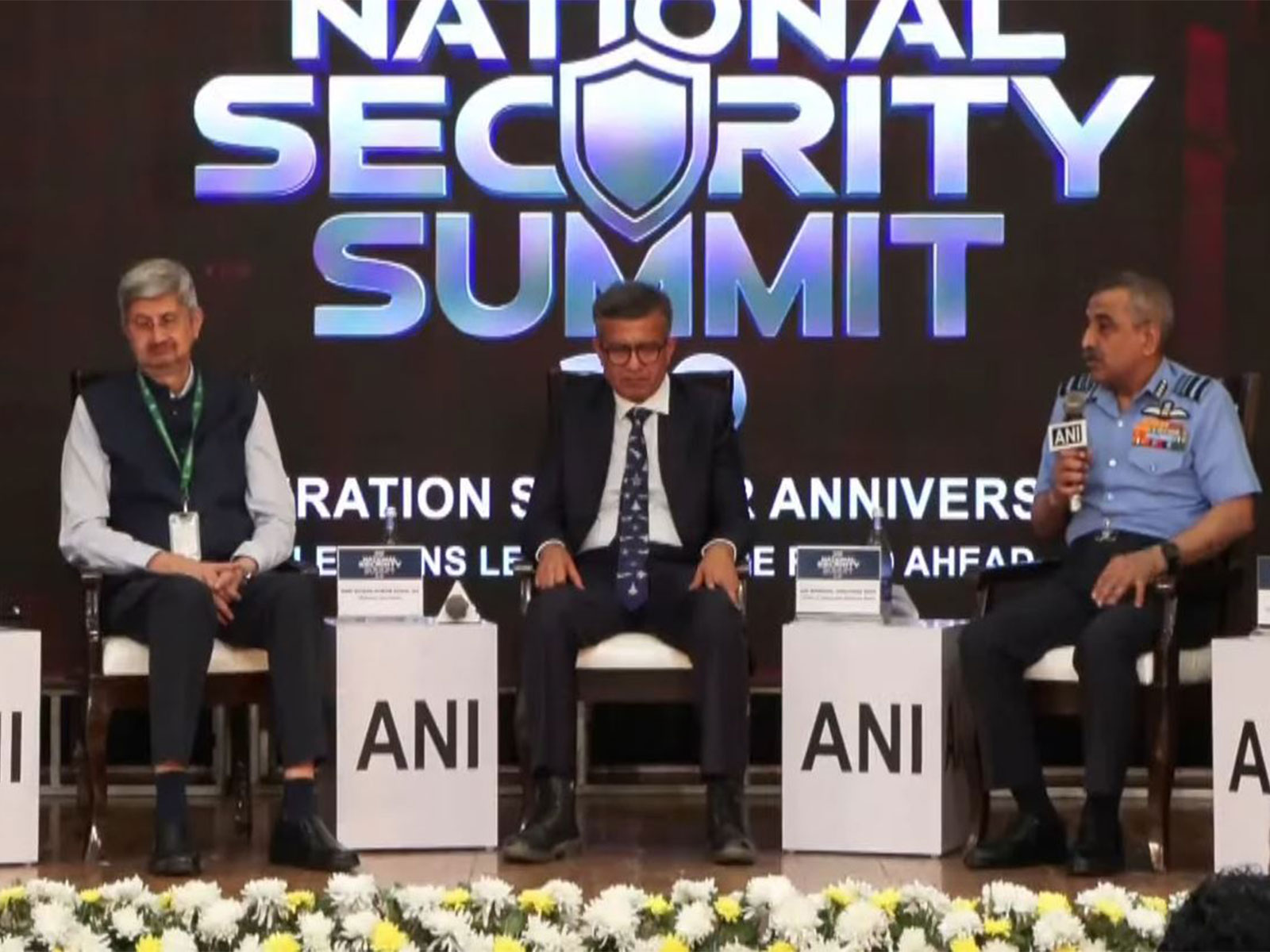 Dr. Samir V. Kamat-Chairman DRDO, Rajesh Kumar Singh-Defence Secretary and Air Marshal Ashutosh Dixit, Chief of Integrated Defence Staff  at ANI National Security Summit 2.0 in New Delhi. (Photo/ANI)