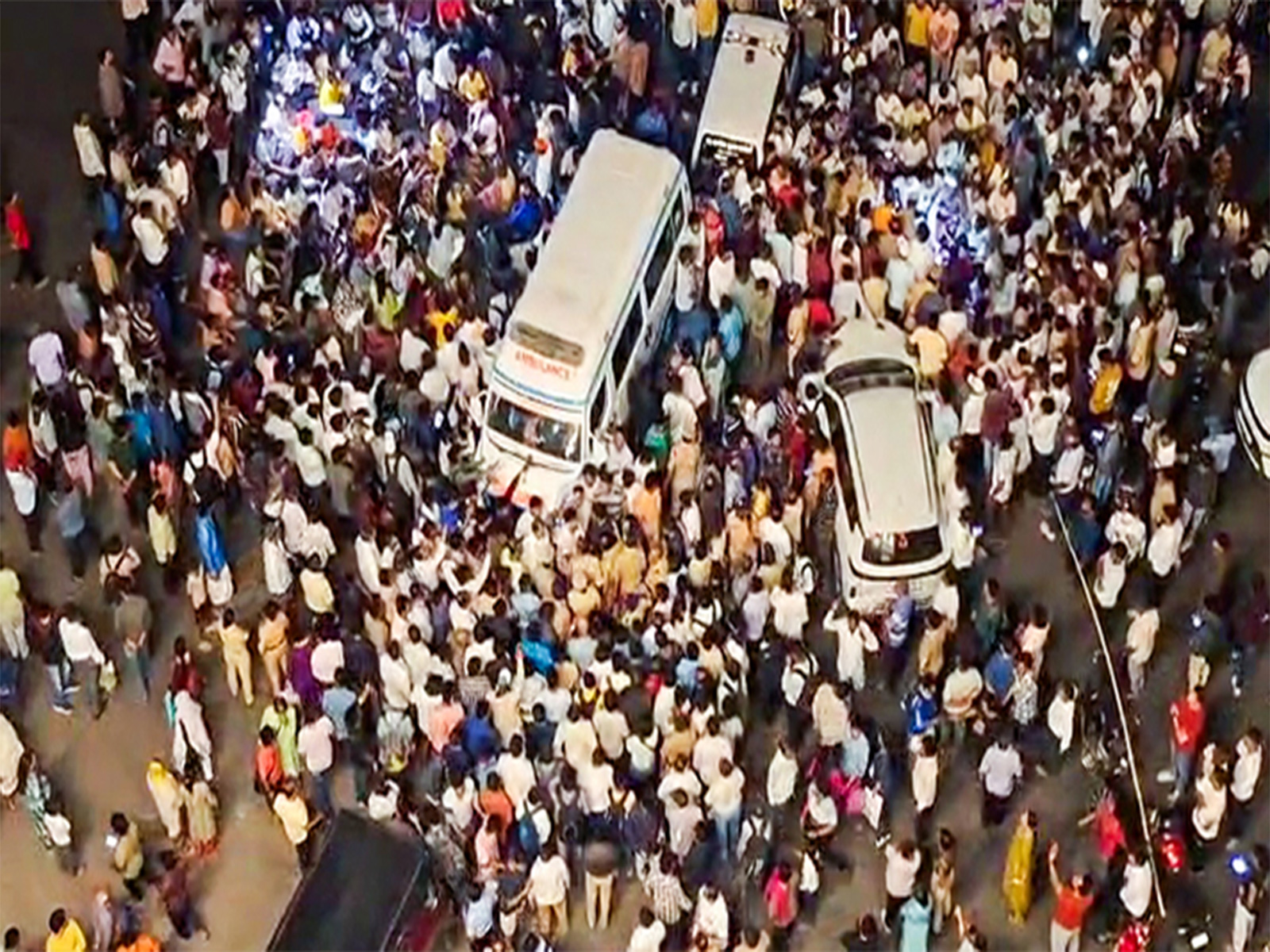 An aerial view of massive protest by local people over the Pune minor girl rape and murder case at Pune-Bengaluru Highway (Photo/ANI)
