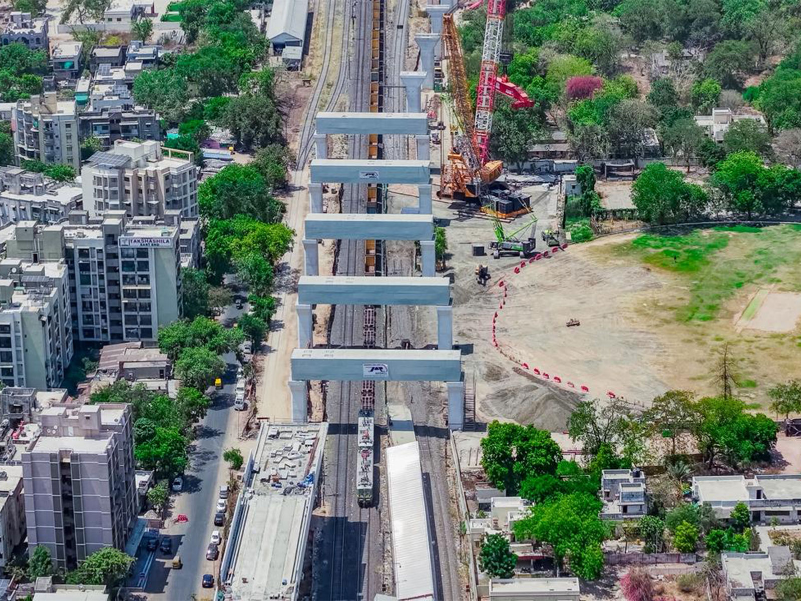 Five portal beams installed over Ahmedabad railway tracks (Photo/ANI) Five portal beams installed over Ahmedabad railway tracks (Photo/ANI)