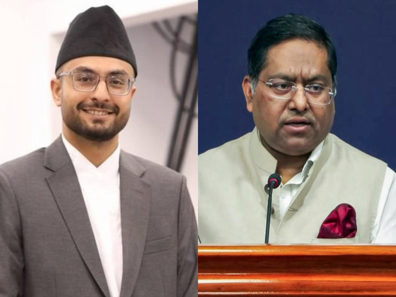 Nepal Government’s spokesperson and Minister Sasmit Pokharel (on the left) and Indian MEA spokesperson Randhir Jaiswal (Photo/X: @sasmitp/ANI)