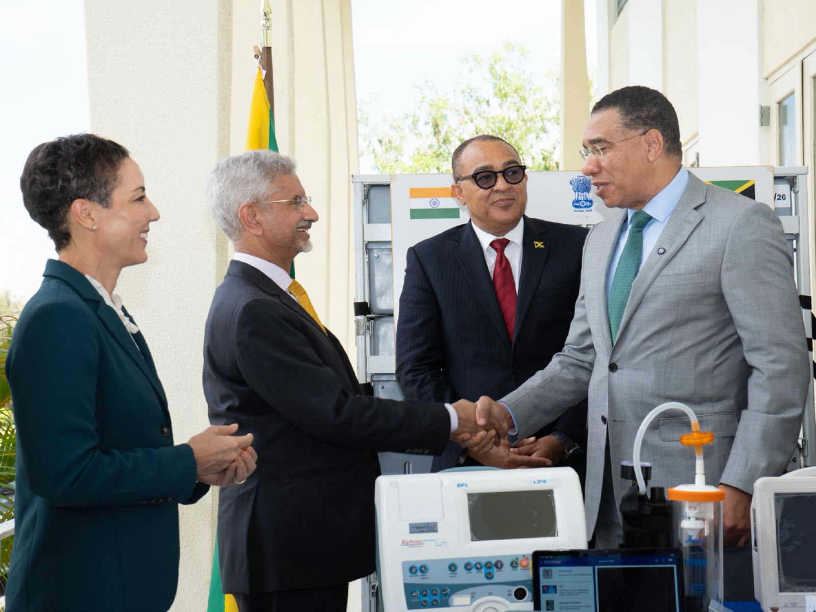 External Affairs Minister S Jaishankar presents BHISHM Cube units to Jamaica’s Prime Minister Andrew Holness in Kingston. (Photo: X/@DrSJaishankar)
