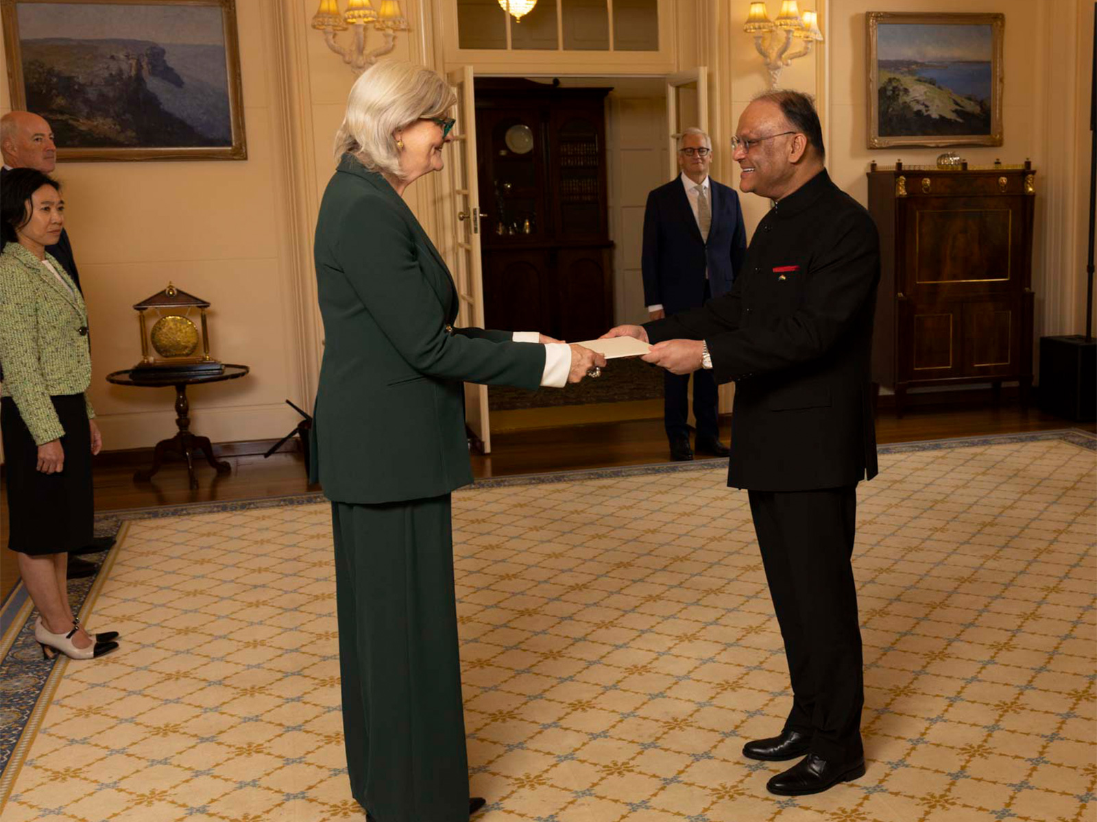 India’s High Commissioner to Australia Nagesh Singh presents his credentials to Governor-General of Australia Sam Mostyn. (Photo: X/@HCICanberra)